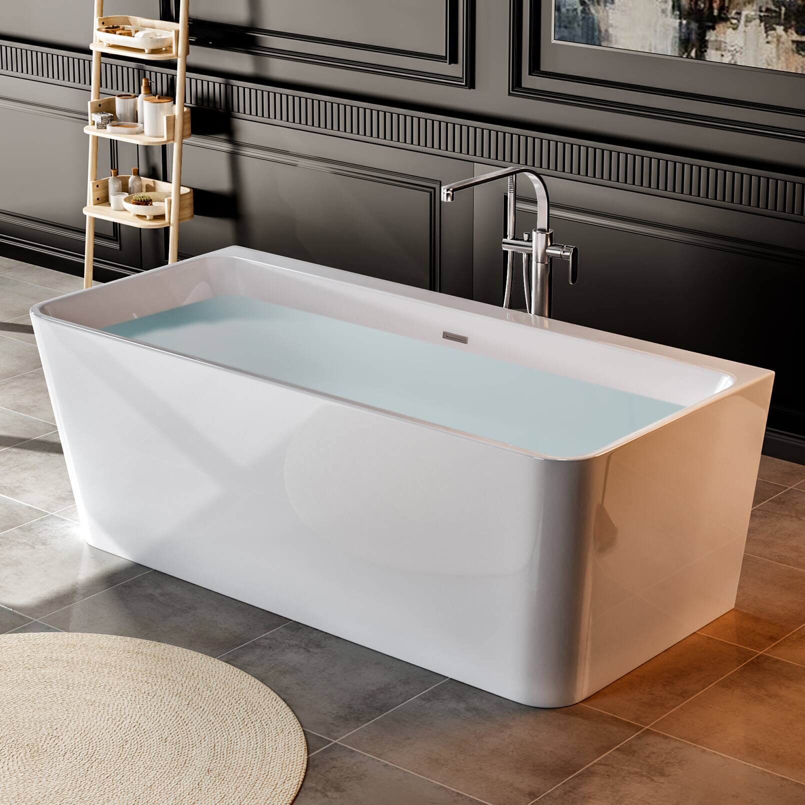 Back. Empava - 67 in. x 37.5 in. BACK TO WALL Flat Bottom Bath Tub Soaking Bathtub with Center Drain - White.