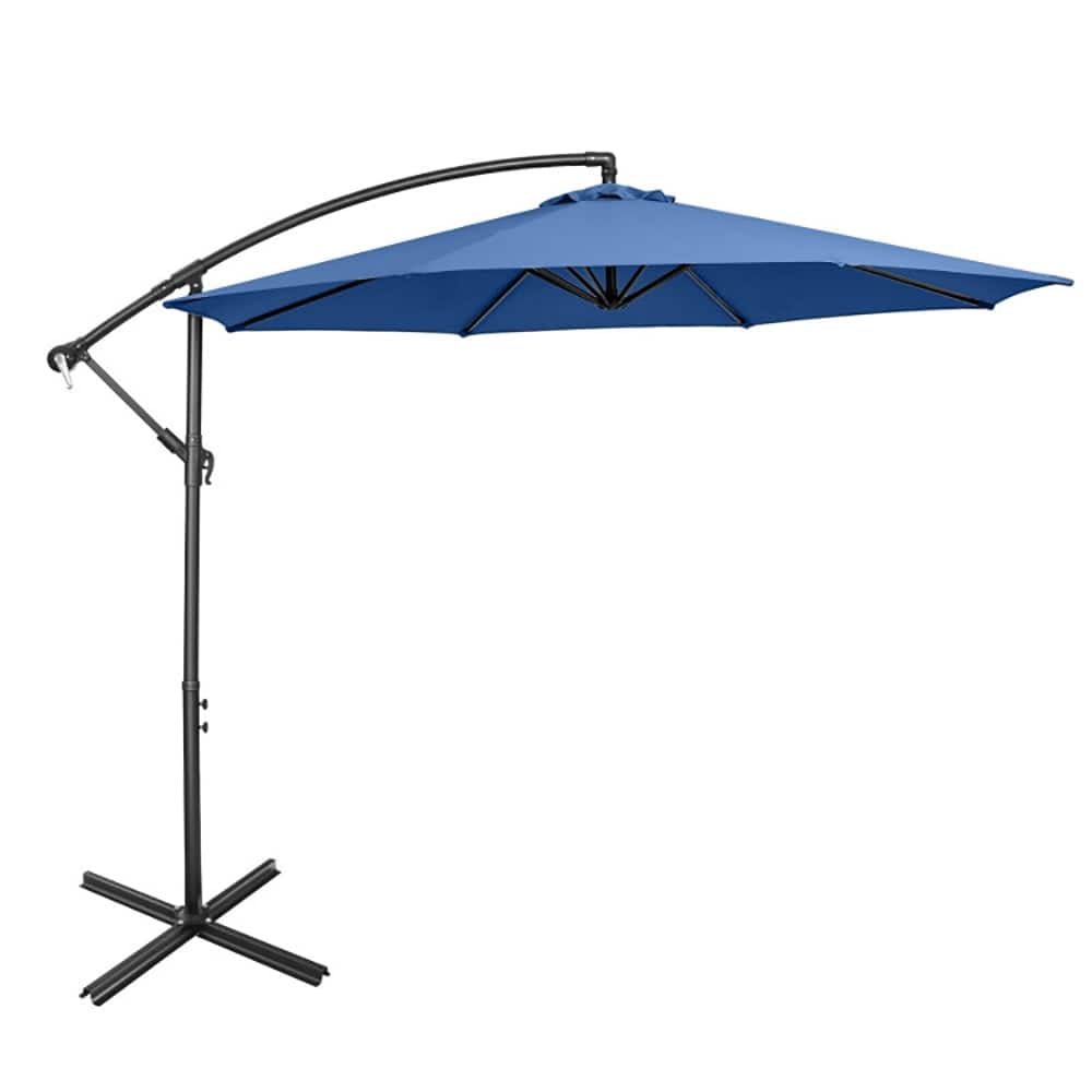 Kadyn - 10 Feet Offset Umbrella with 8 Ribs Cantilever and Cross Base-Blue, Patio Offset Umbrella with Easy Tilt Adjustment