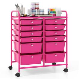 Pefilos - 12 Drawers Rolling Cart Storage Scrapbook Paper Organizer Bins with 4 Universal Casters, Rose Red - Pink