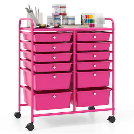 Front. Pefilos - 12 Drawers Rolling Cart Storage Scrapbook Paper Organizer Bins with 4 Universal Casters, Rose Red - Pink.