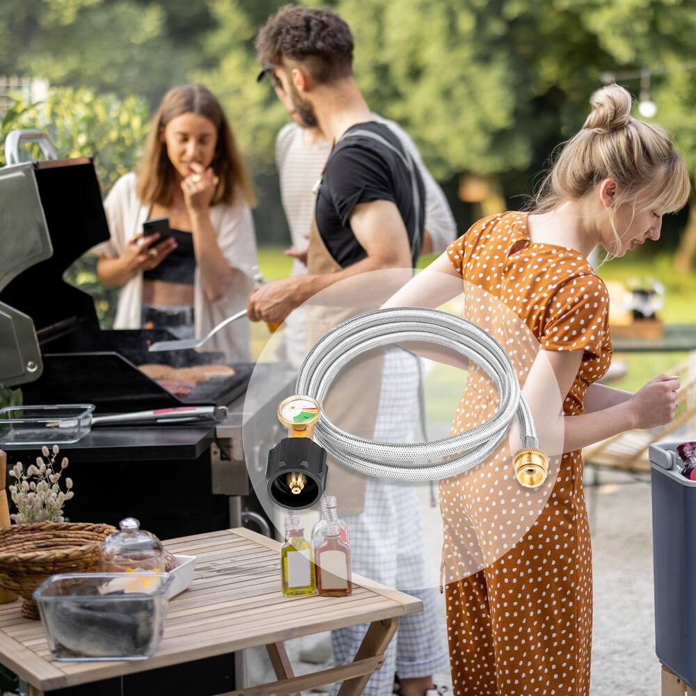 Alt View 2. Empava - 5FT Propane Hose with Gauge – CSA Certified, Universal 1lb to 40lb Tank Adapter for Grills, Heaters & Camping - Stainless Steel.