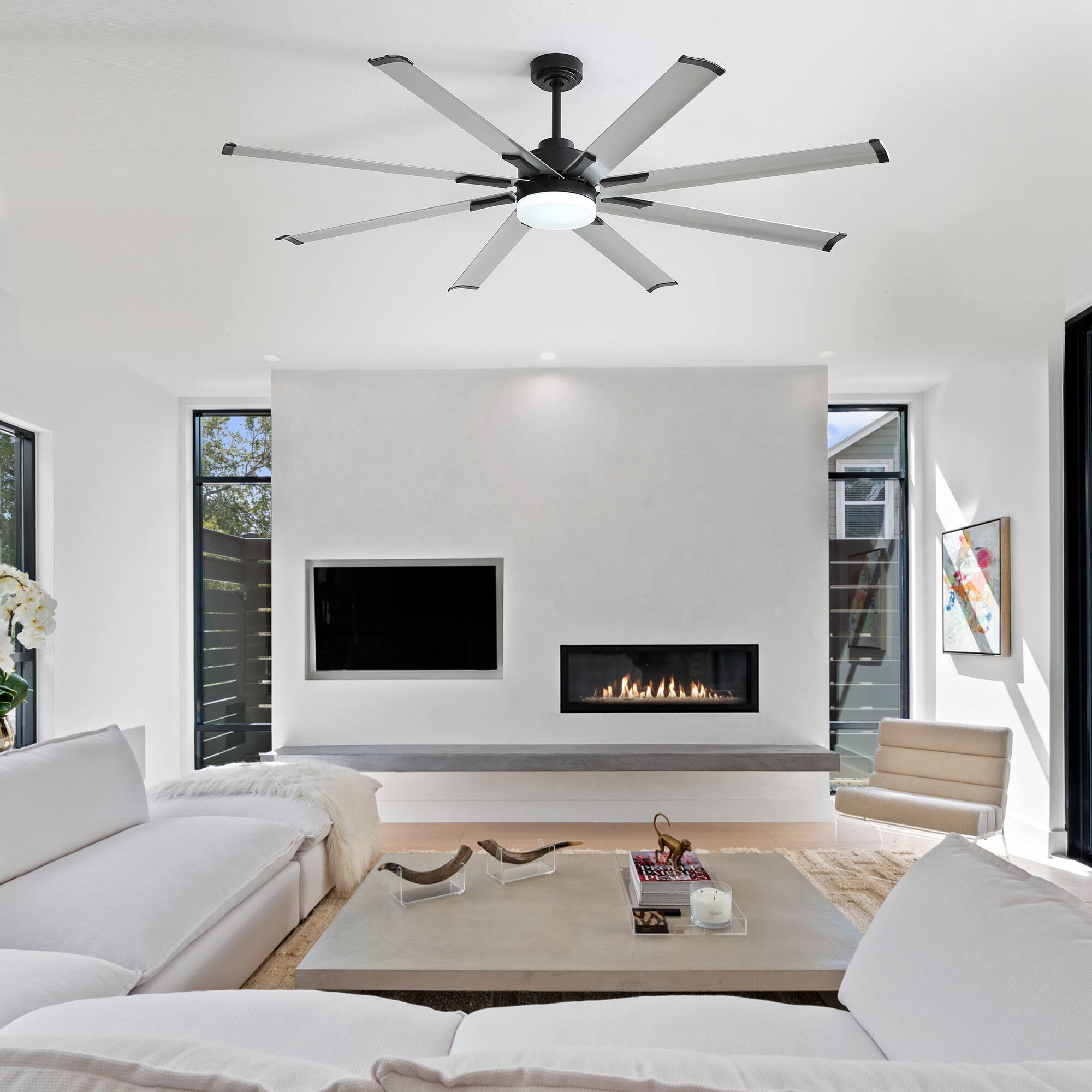 Alt View 2. Breezary - 72'' Ceiling Fan with 8 Aluminum Blades, DC Motor, Remote Control, 6 Speeds, 3-Color LED Light, Memory, Downrod - Matte Black and Silver.