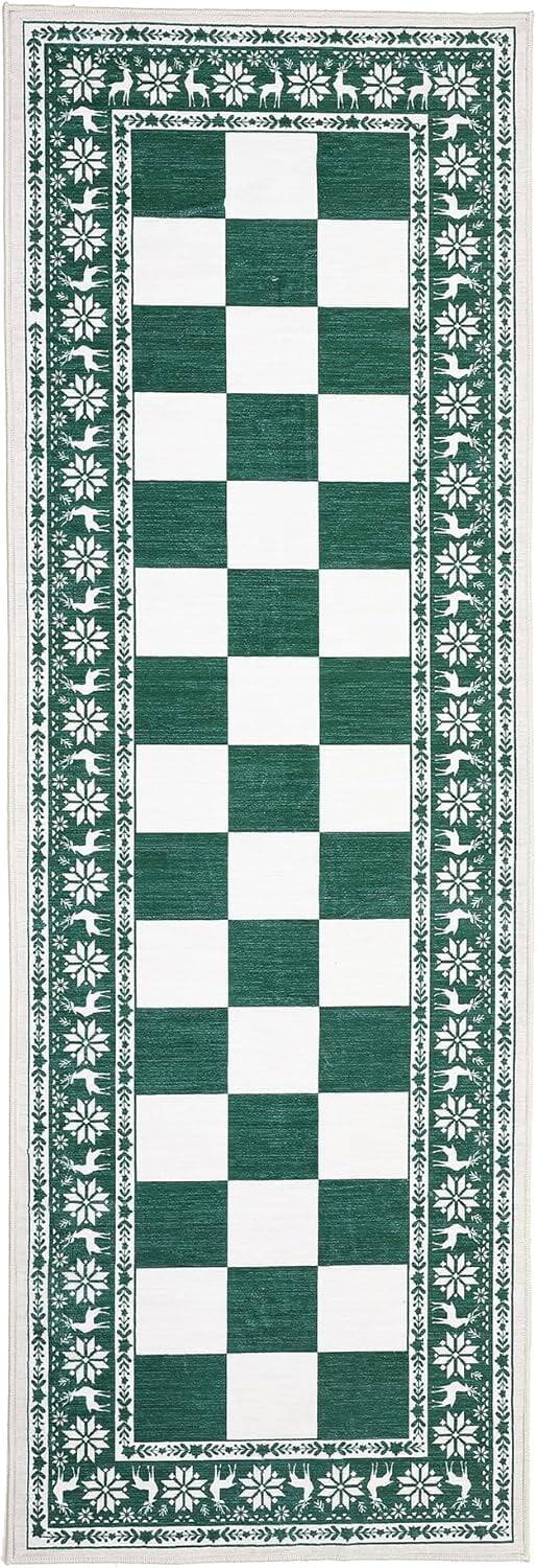 Front. Qeetex - Green 2x6 Christmas Runner Rug, Non-Slip, Washable, Checkered for Kitchen, Entryway, Living Room, Bedroom - Green.