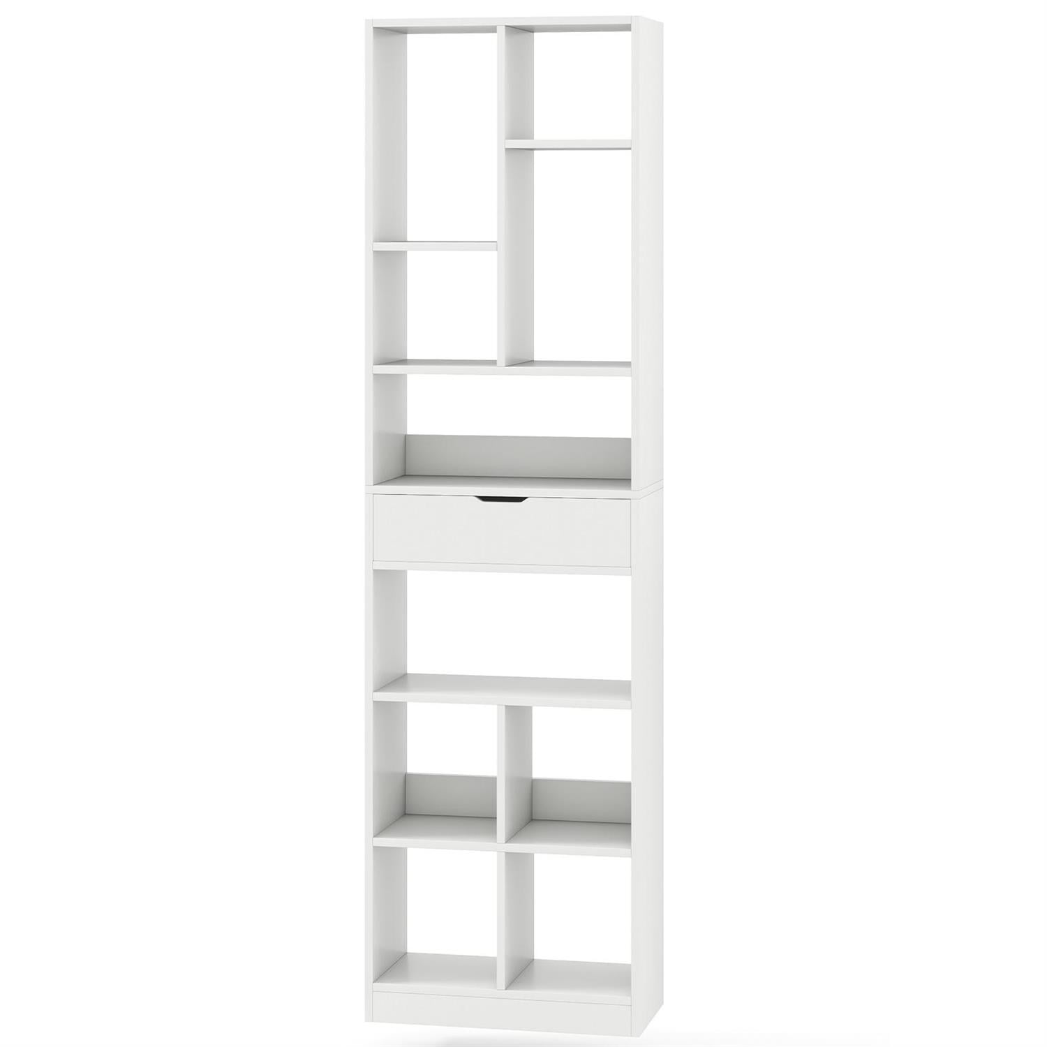 Front. Pefilos - 7-Tier Bookshelf - 180cm Anti-Fall, Drawer Storage Open Cubes, White - White.