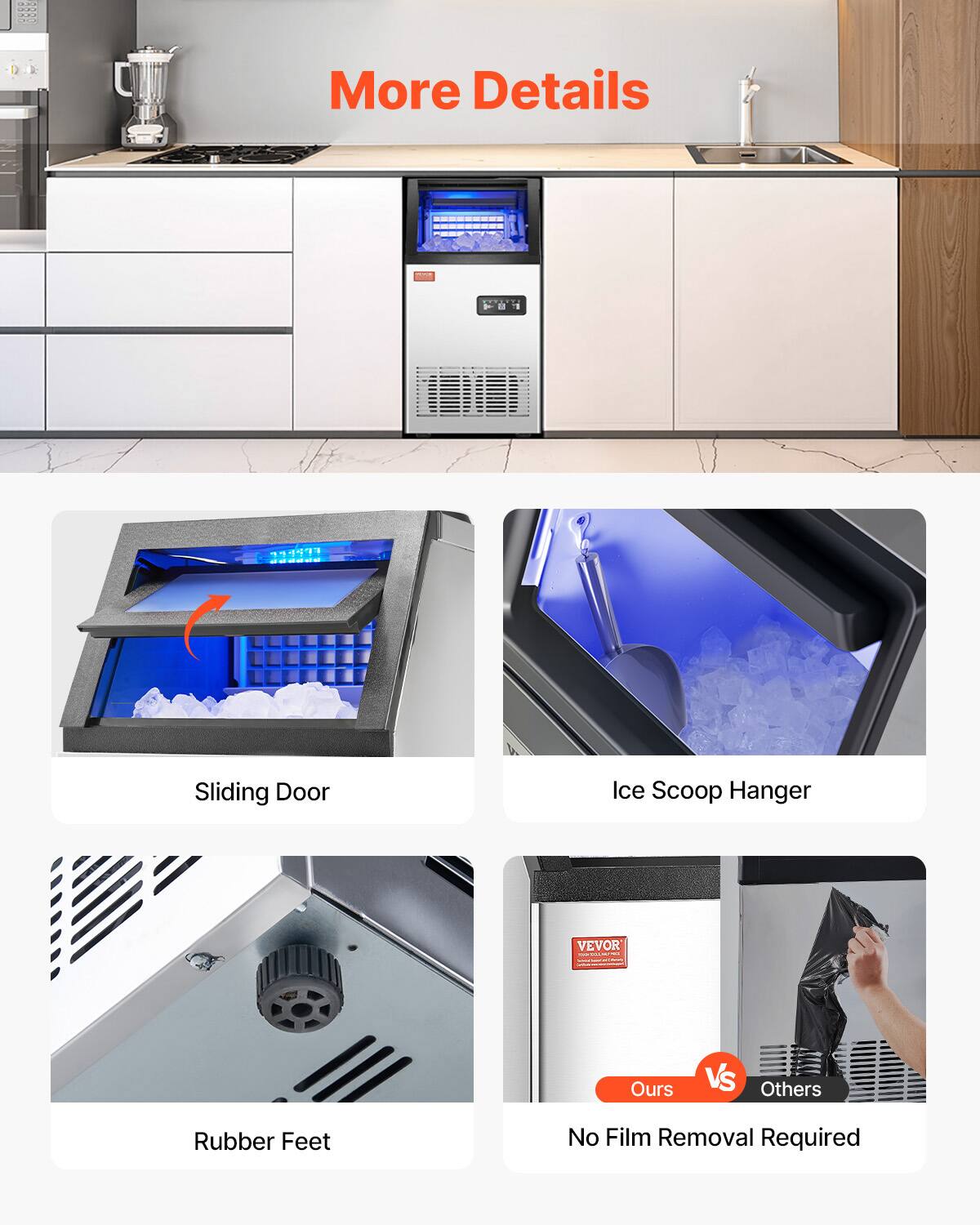 More Details, Sliding Door, Ice Scoop Hanger, Rubber Feet, No Film Removal Required, Ours VS Others