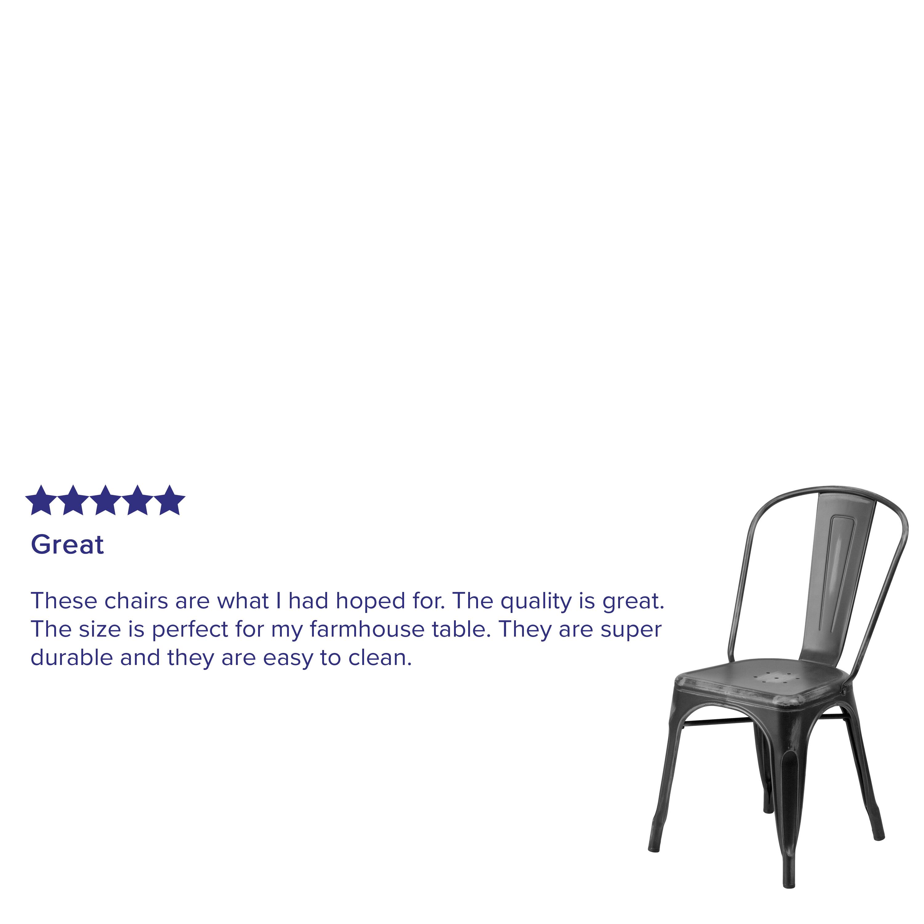 Great

These chairs are what I had hoped for. The quality is great. The size is perfect for my farmhouse table. They are super durable and they are easy to clean.