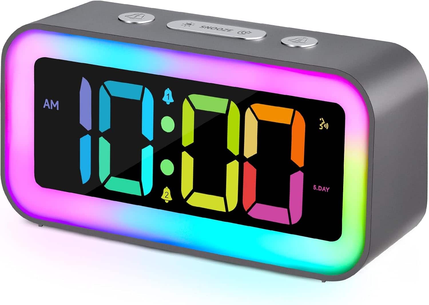 Stamp n Camp - Cadmos Loud Alarm Clock for Bedrooms with Dynamic RGB Night Light,Heavy Sleepers Adults,Dual Alarm,Dimmer,USB Bedside - Silver Gray