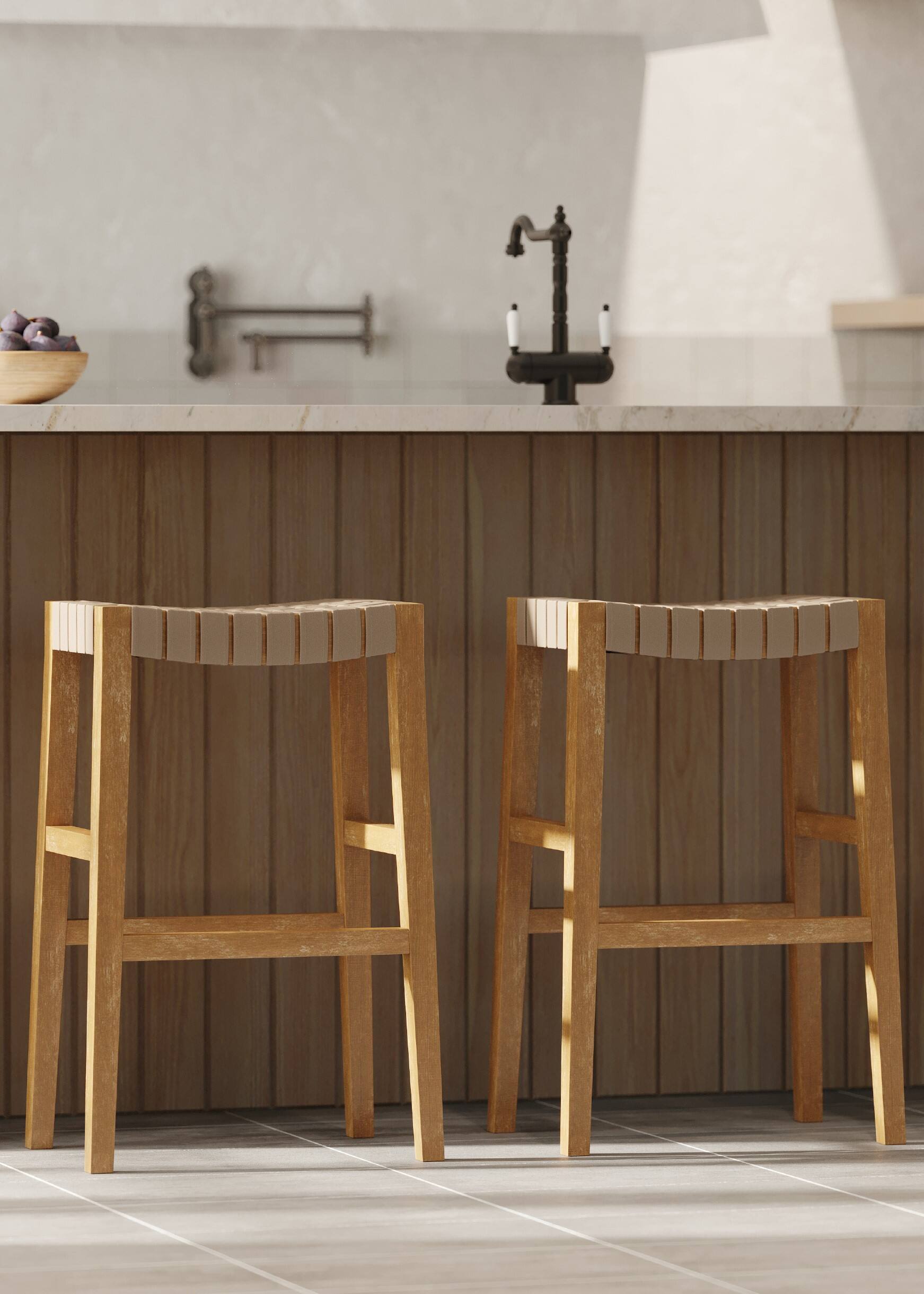 Angle. Maven Lane - 31" Emerson Bar Stool In Weathered Natural Wood Finish With Vegan Leather Seat - Weathered Natural.