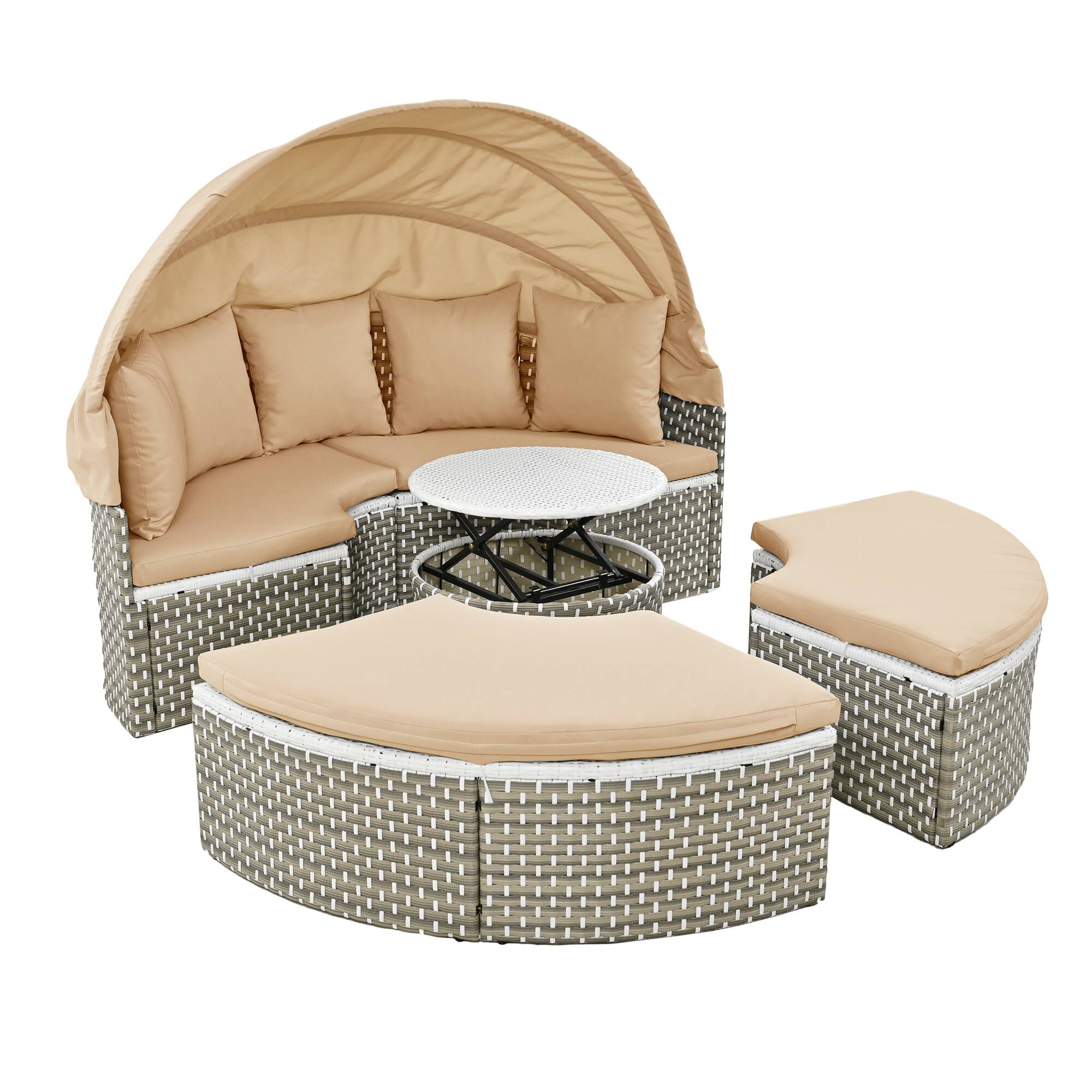 Alt View 10. AOOLIVE - Outdoor Sectional Sofa Set, Rattan Daybed with Canopy, Removable Cushion, Light Coffee - Light Coffee.