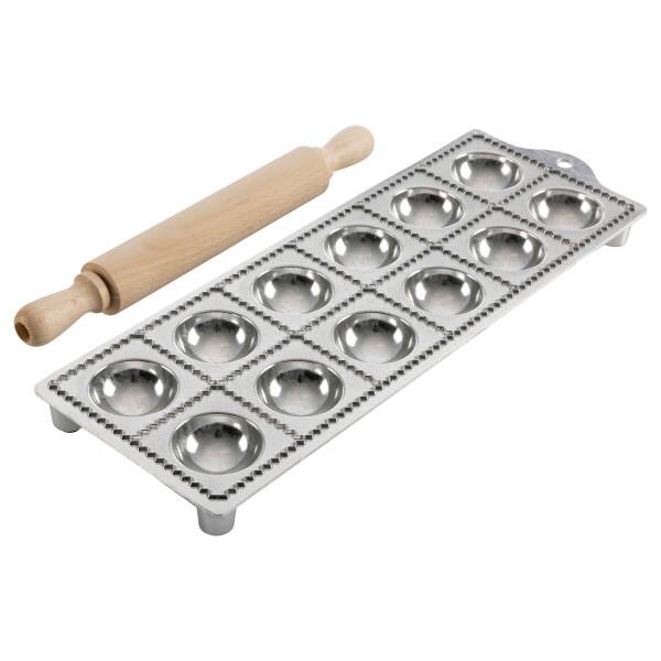 Back. Kings County Tools - Round Ravioli Mold with Roller - Silver.