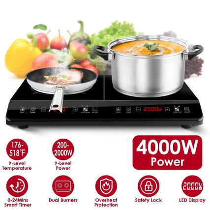 - 176-518°F
- 9-Level Temperature
- 200-2000W
- 9-Level Power
- 4000W Power
- 0-24Mins Smart Timer
- Dual Burners
- Overheat Protection
- Safety Lock
- LED Display