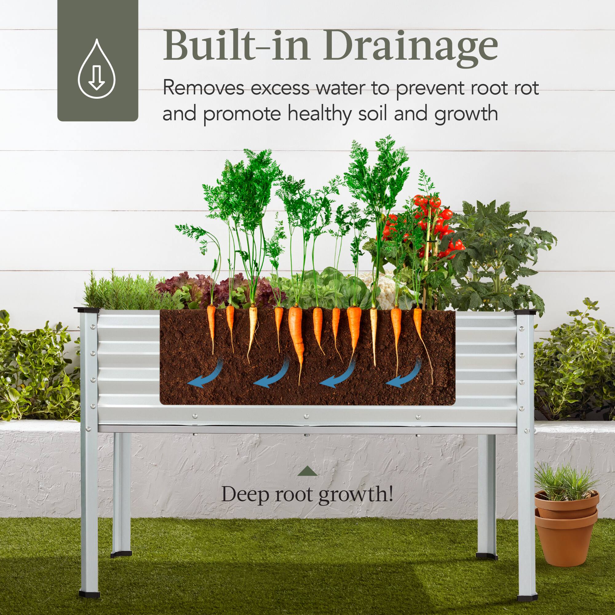 Built-in Drainage  
Removes excess water to prevent root rot and promote healthy soil and growth  

Deep root growth!