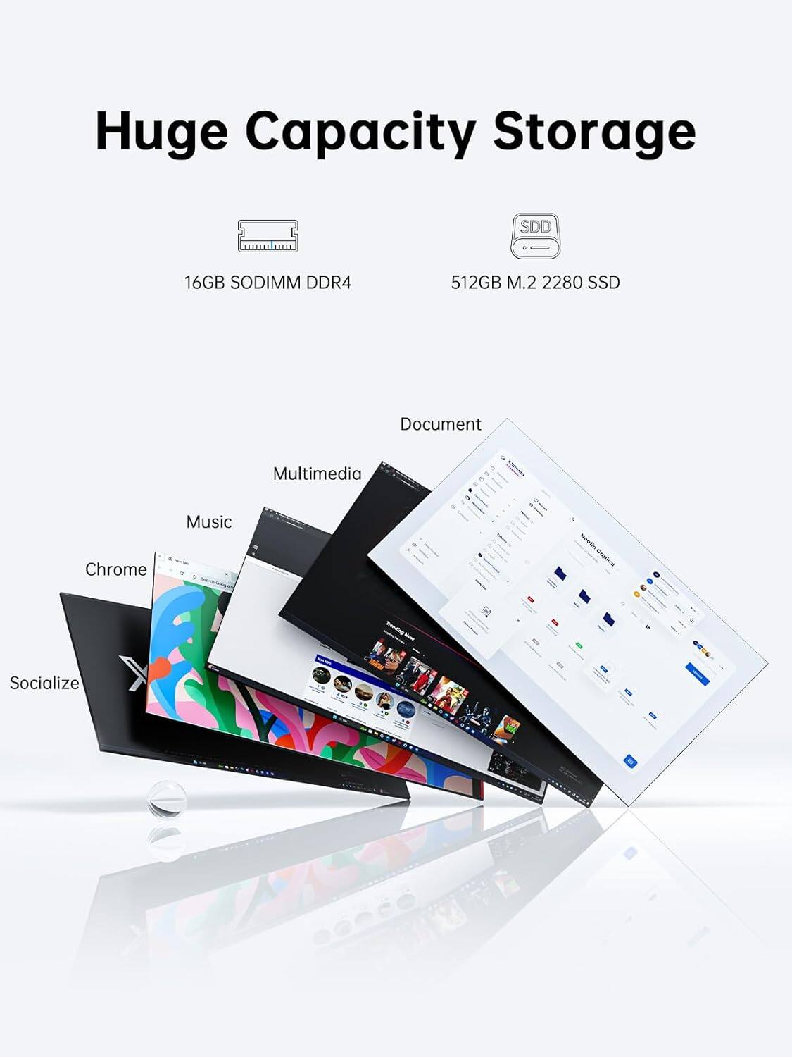 Huge Capacity Storage

16GB SODIMM DDR4

512GB M.2 2280 SSD

Document

Multimedia

Music

Chrome

Socialize
