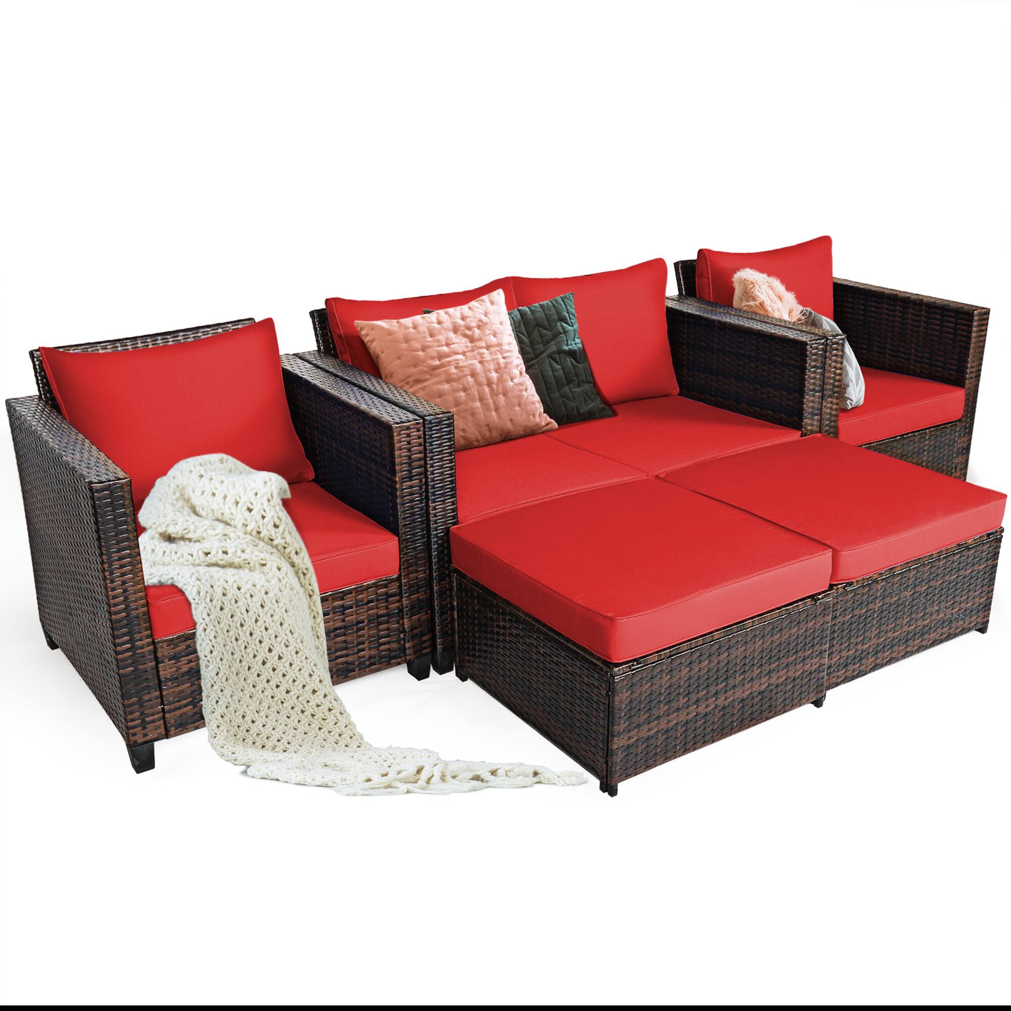 Alt View 1. Gymax - Gymax 5PCS Outdoor Patio Rattan Conversation Sofa Furniture Set w/ Red Cushions - Red.
