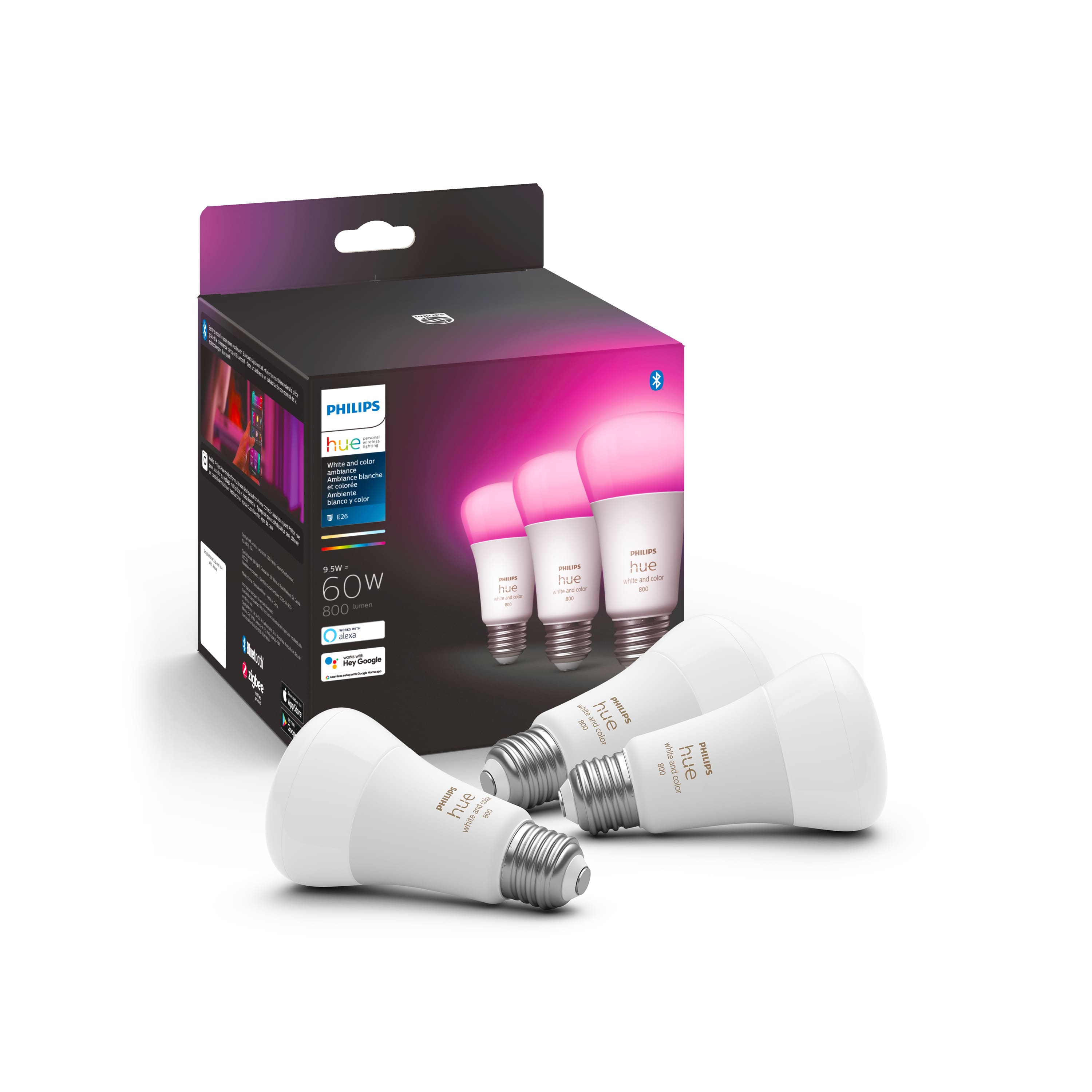 The image features a box of Philips LED light bulbs, which are designed to replace traditional incandescent bulbs. The box contains a total of six bulbs, with three of them being white and three being pink. These LED bulbs are energy-efficient and can be used in various settings, such as homes, offices, and outdoor spaces. The box also contains a booklet, which likely provides information about the bulbs, their features, and installation instructions.