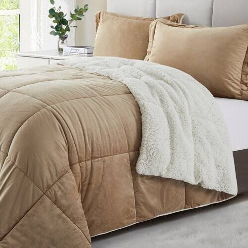 Left. Hivvago - Queen Plush Microfiber Reversible Comforter Set in Gold - Gold.