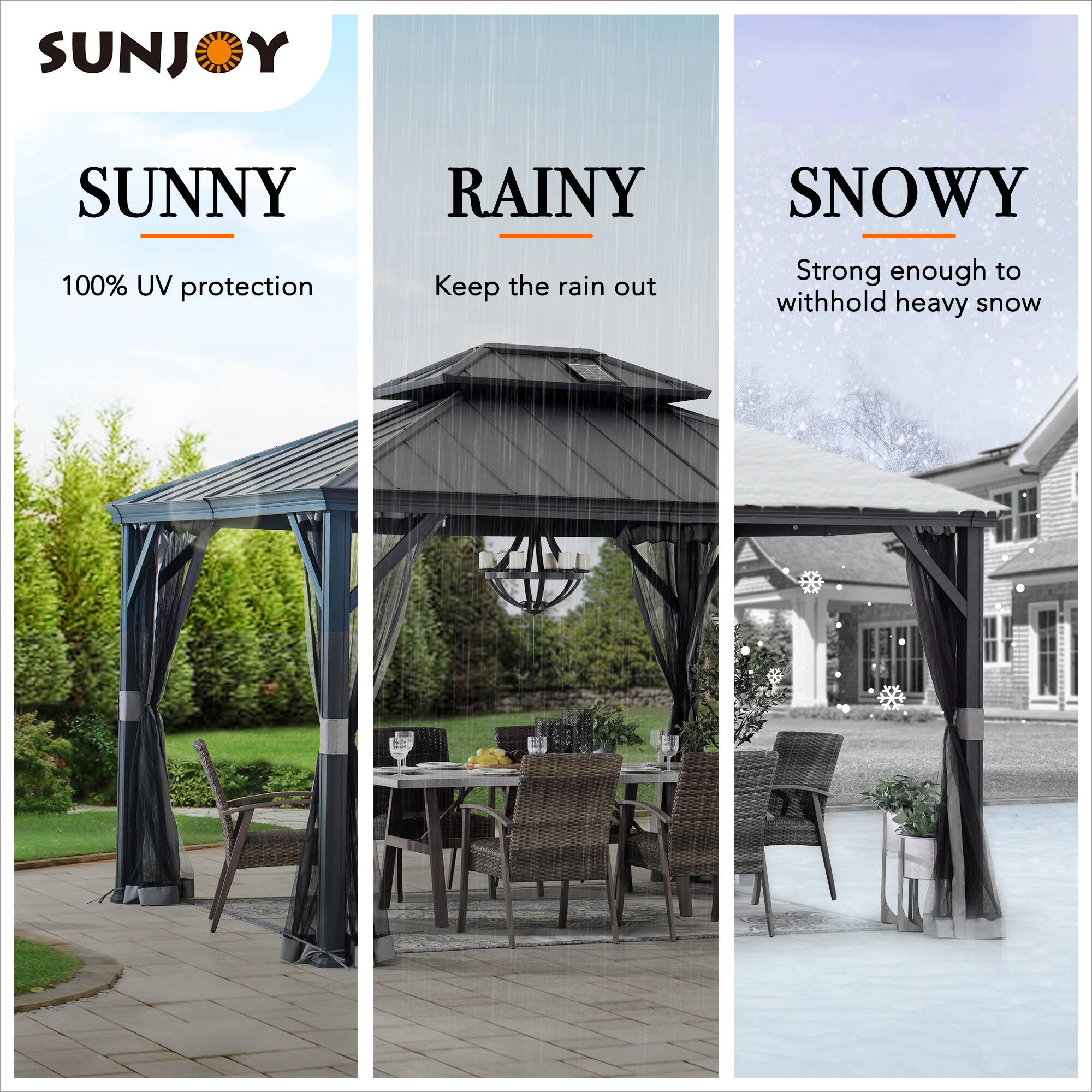 SUNJOY

SUNNY
100% UV protection

RAINY
Keep the rain out

SNOWY
Strong enough to withhold heavy snow