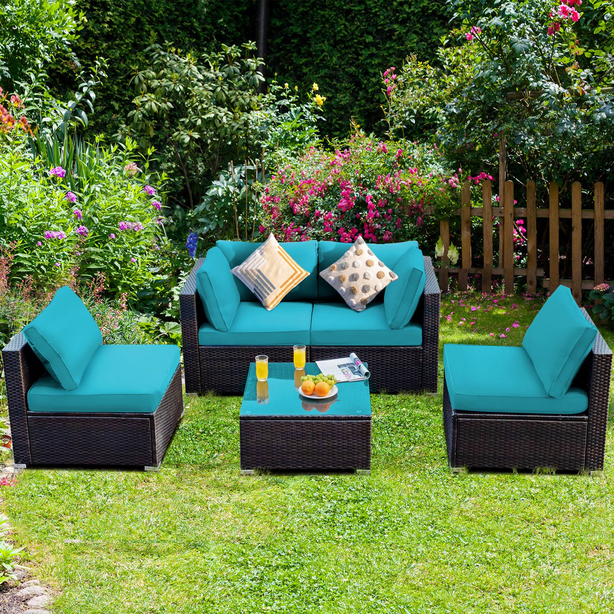 Alt View 2. Gymax - Gymax 5PCS Rattan Patio Conversation Set Sofa Furniture Set w/ Turquoise Cushions - Mix brown.