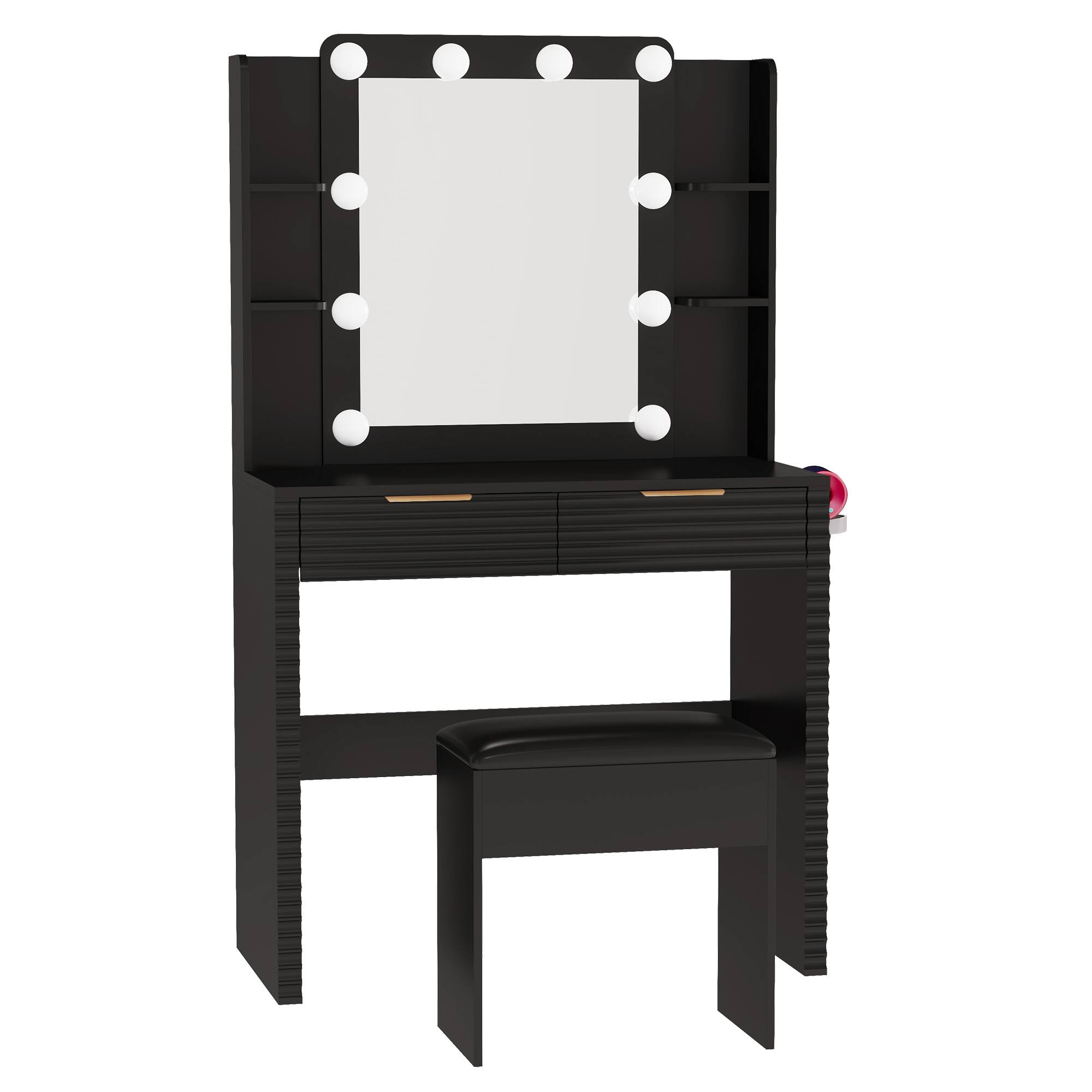 Angle. Whisen - Dresser Makeup Vanity Table with 10 Hollywood Bulbs,Charging Station,Storage Stool,2 Drawers and 4 Open Shelves - Black.