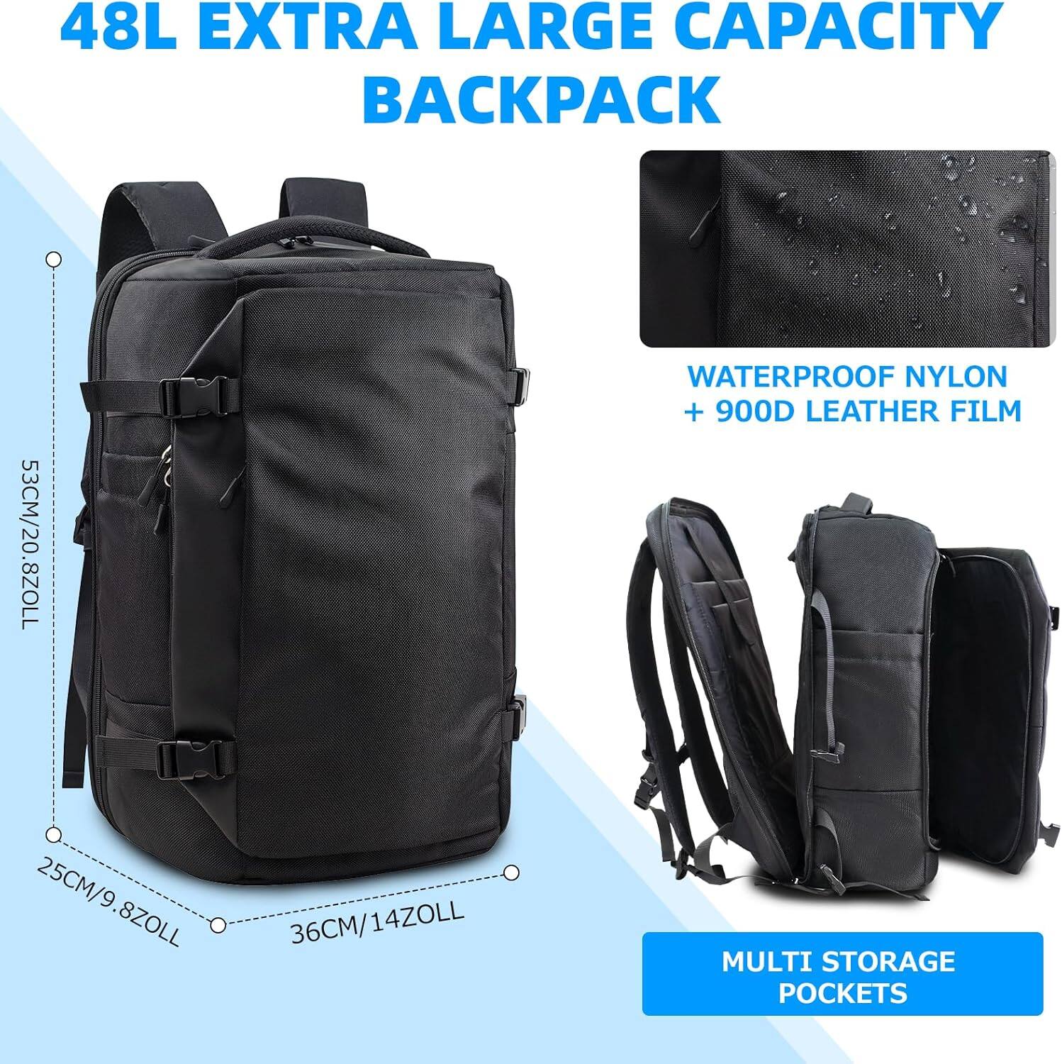 48L EXTRA LARGE CAPACITY BACKPACK

WATERPROOF NYLON + 900D LEATHER FILM

MULTI STORAGE POCKETS

53CM/20.8INCHES
40CM/15.7INCHES
25CM/9.8INCHES
36CM/14INCHES