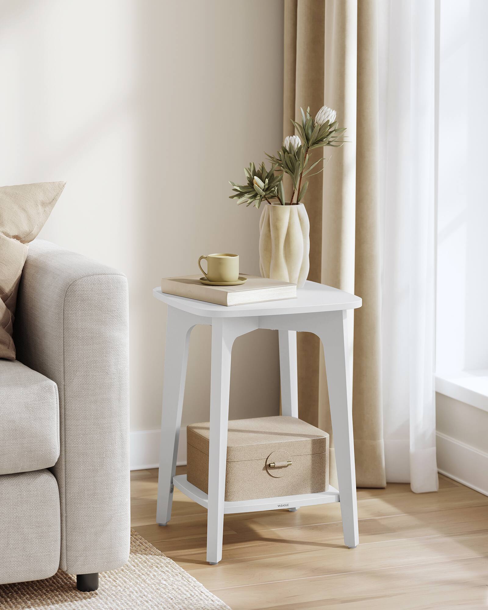 Alt View 2. Songmics Home - MAEZO Collection - Side Table, 2-Tier Small Square End Table, Nightstand with Tapered Legs, Curved Transitions - Cloud White.