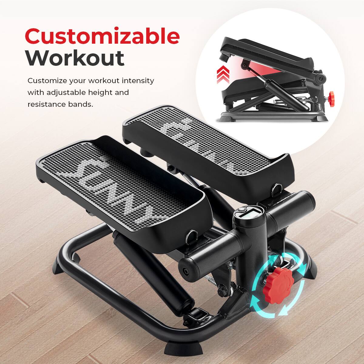 Customizable Workout
Customize your workout intensity with adjustable height and resistance bands.
SUNNY