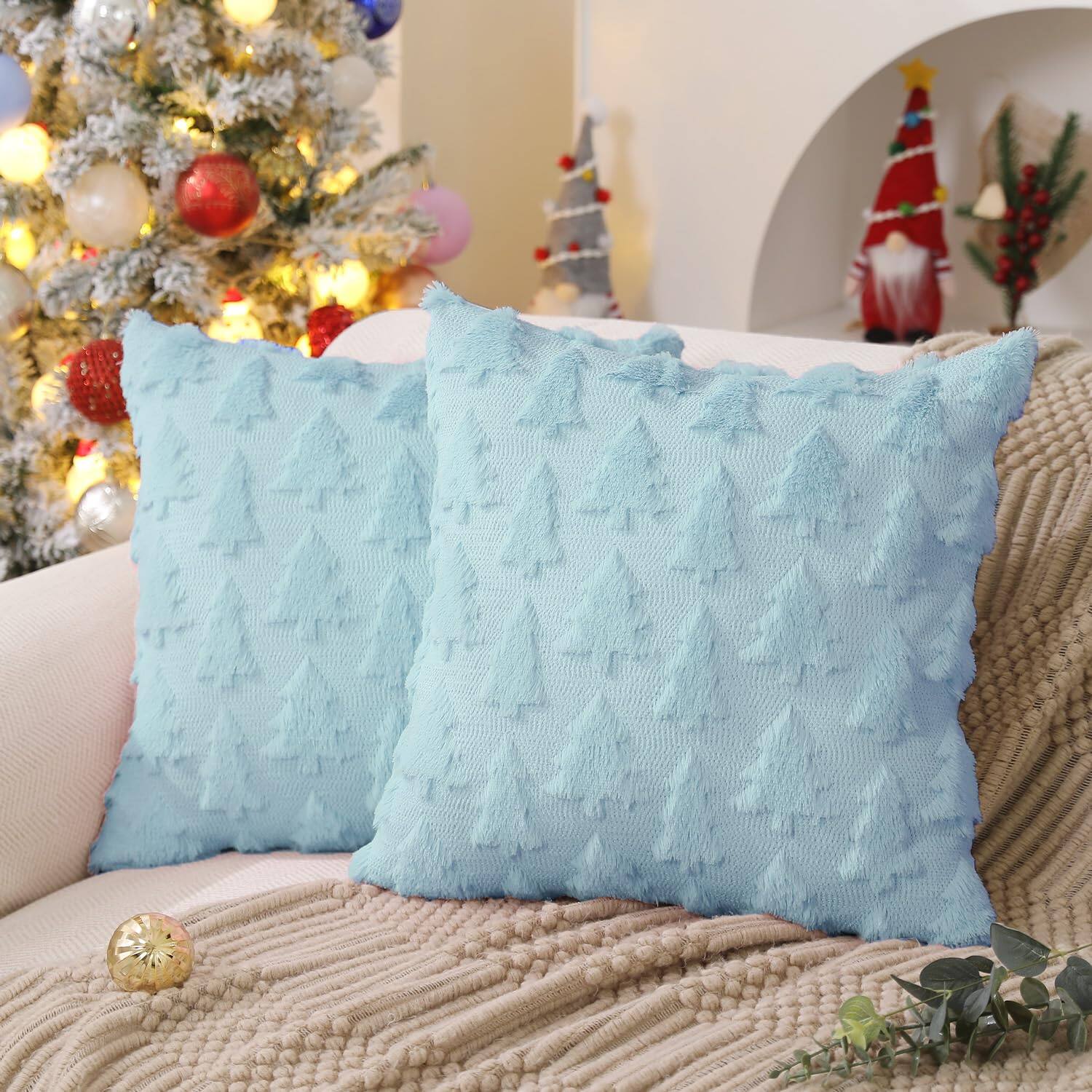 Front. Stylel Star - DFXSZ Christmas Tree Pillow Covers 18x18 inch Set of 2 Christmas Decoration Beige Soft Plush Faux Fur Jacquard Throw ... - Blue.