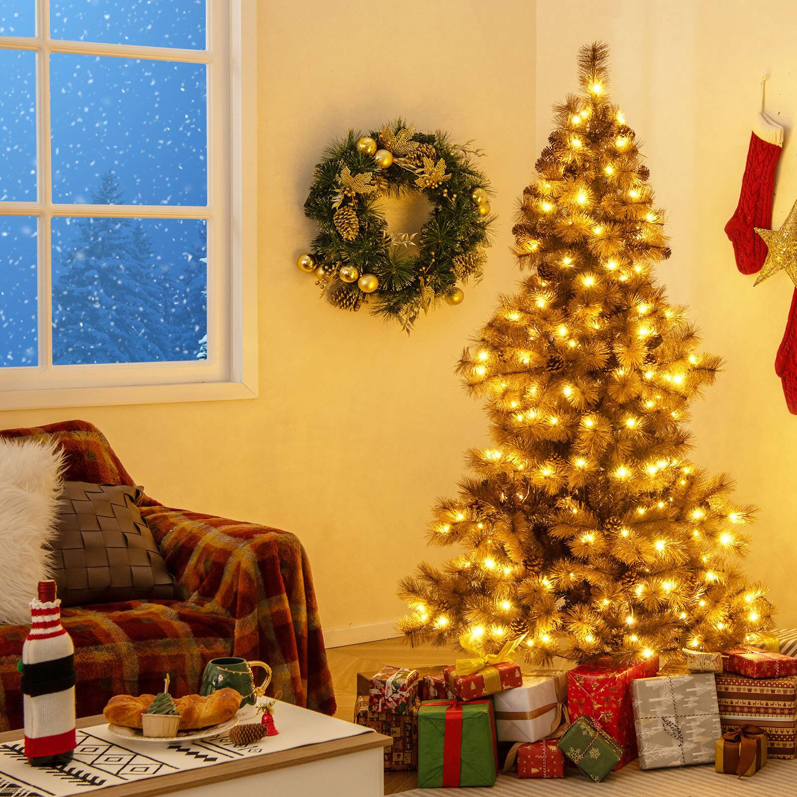 Alt View 1. Gymax - Gymax 6 FT Pre-Lit Artificial Christmas Tree Hinged Chocolate-Color Xmas Tree w/ 493 Pine Needles & PVC Tips - Brown.