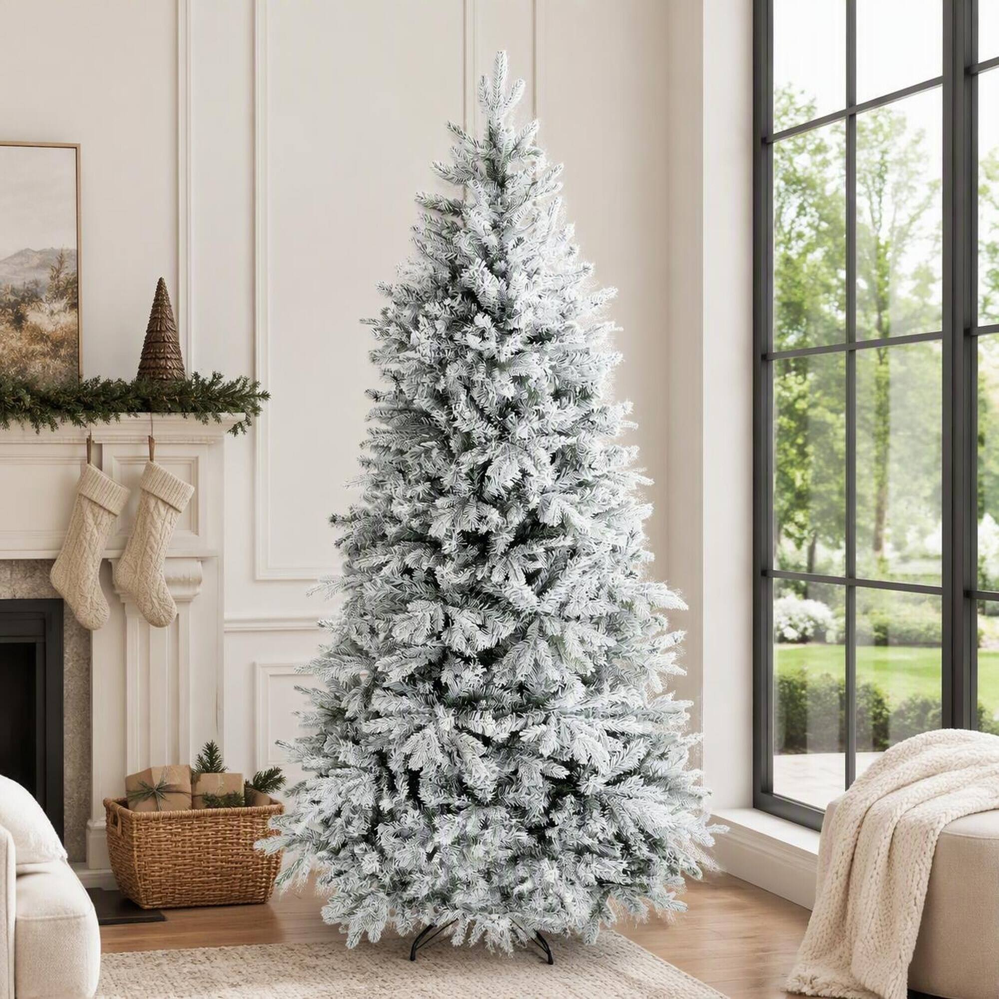 Back. RYHNUYNE - 7.5 Ft Artificial Frosted Christmas Tree, Realistic Branches Wide Full Spruce Hinged Design Easy Assembly Holiday Decor - Green.