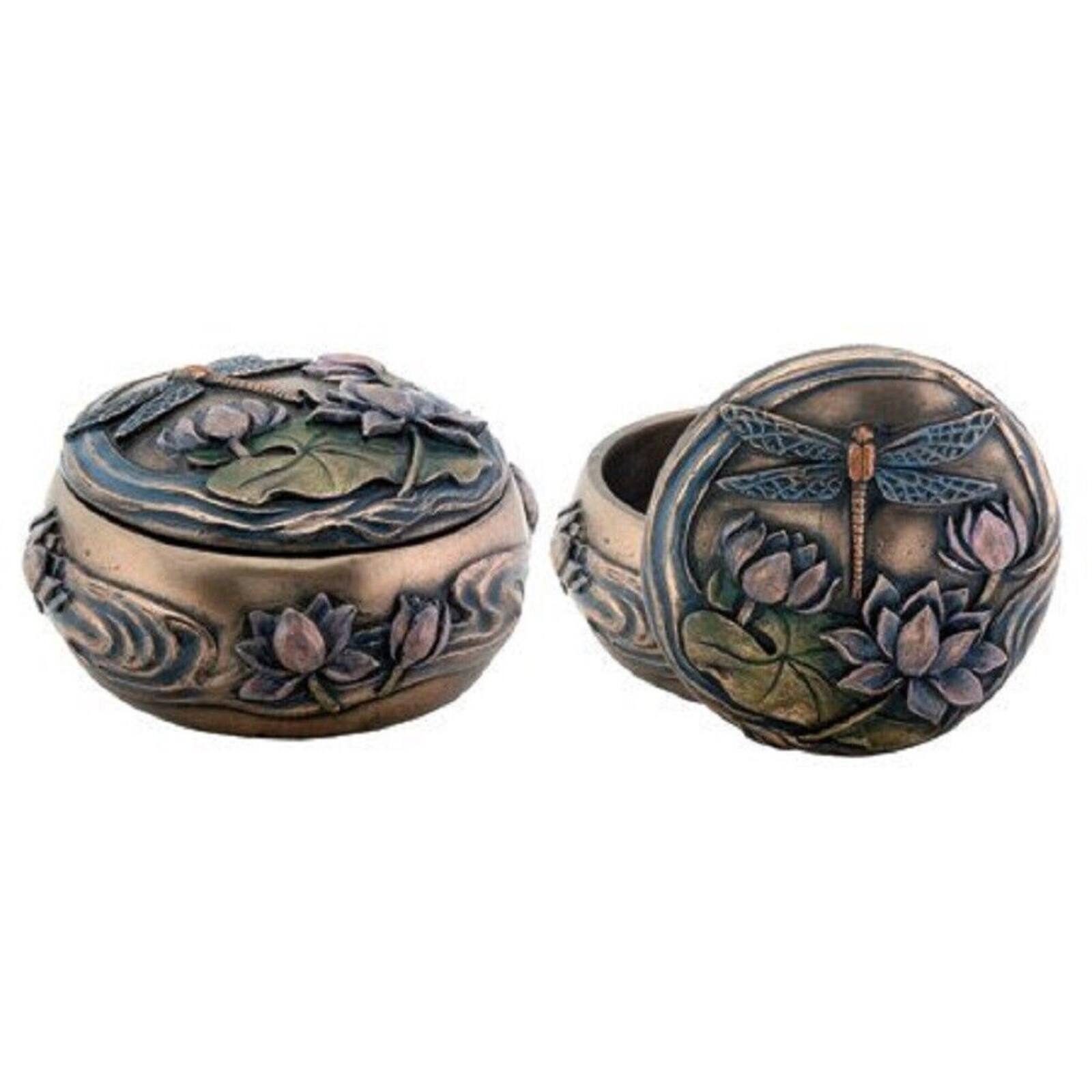 Angle. Pacific Trading - Art Nouveau Dragonfly Over Lily Pond Jewelry Trinket Keepsake Box Container Decoration 2 x 4.25 inch - Bronze.