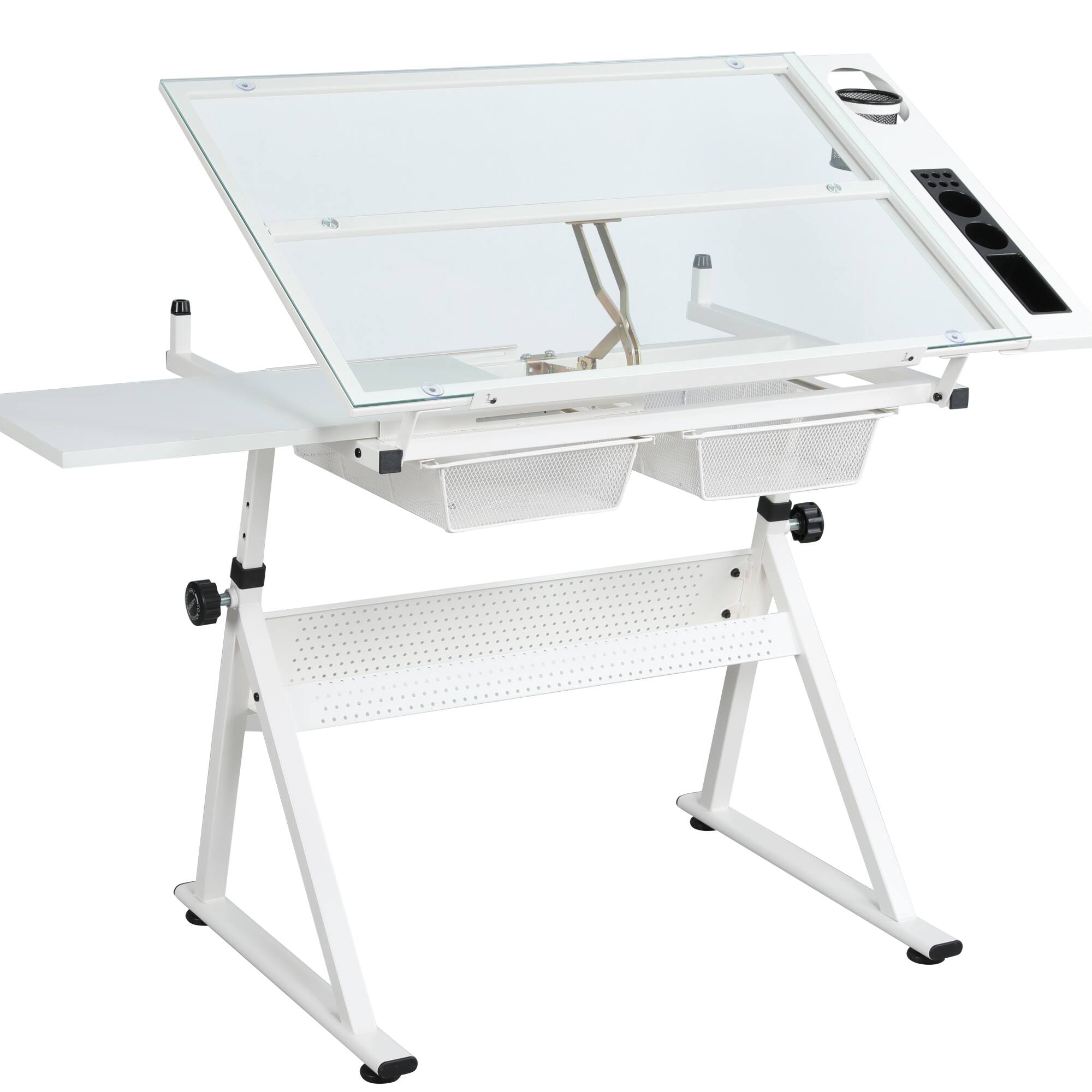 Back. GOODSILO - Adjustable Tempered Glass Drafting Table with Stool - Height and Angle Adjustable Workspace for Artists and Designers - White.