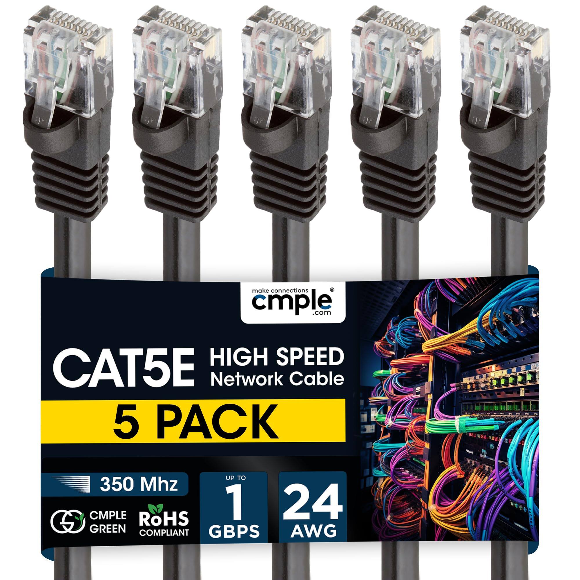 Cmple.com - Cmple - 5 Pack Cat5e Ethernet Cable 3 ft, Router Patch Cord, Internet Cat5 Cables, RJ45, LAN Network Wire - Black