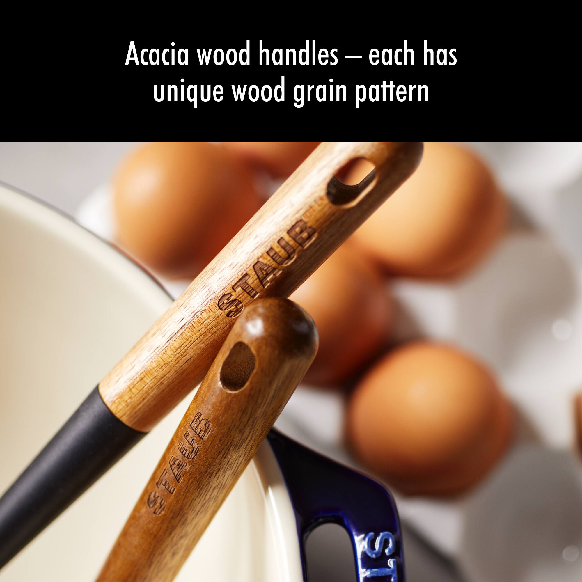 Acacia wood handles — each has unique wood grain pattern