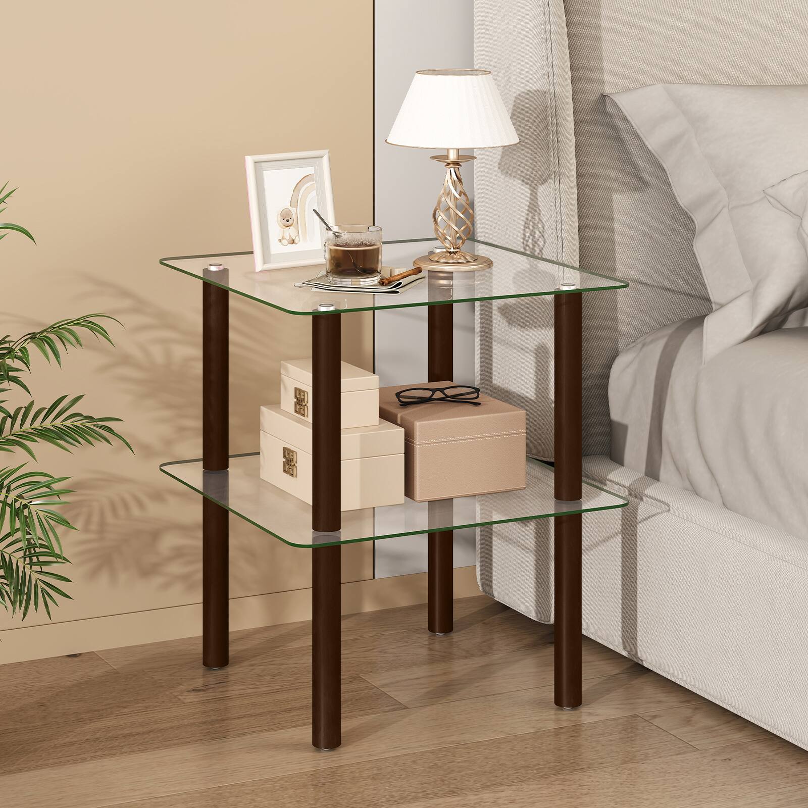 Alt View 3. Costway - Costway 2PCS Square End Table, 2-Tier Sofa Side Table with Clear Tempered Glass Top & Shelf - Clear & Brown.