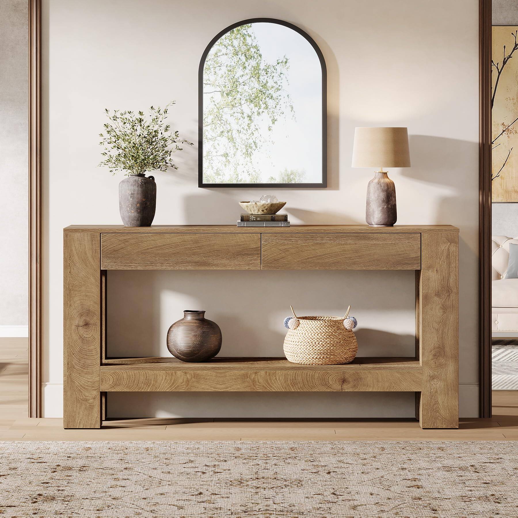 Back. Tribesigns - 63" Farmhouse Console Table with 2 Drawers and Open Storage Shelf - Brown.