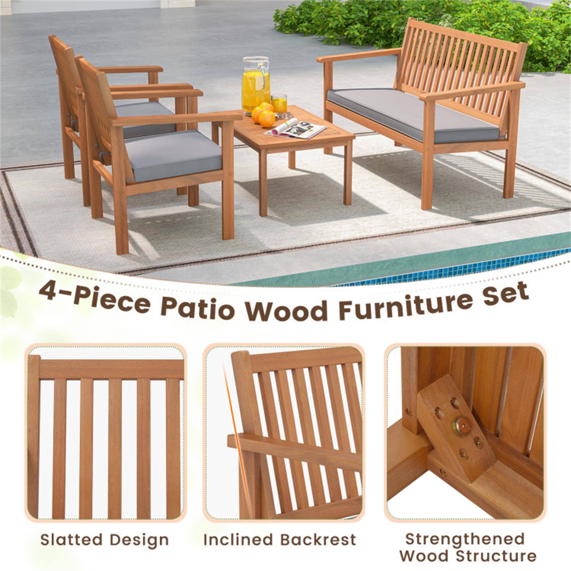 4-Piece Patio Wood Furniture Set

- Slatted Design
- Inclined Backrest
- Strengthened Wood Structure