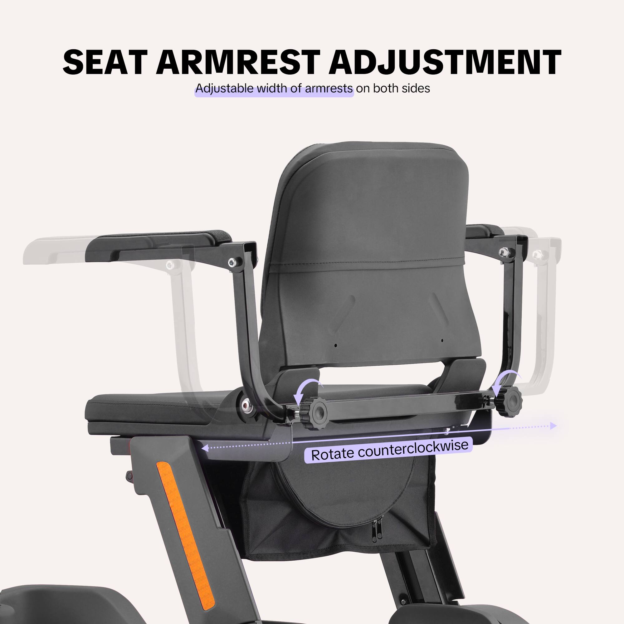 SEAT ARMREST ADJUSTMENT  
Adjustable width of armrests on both sides  
Rotate counterclockwise