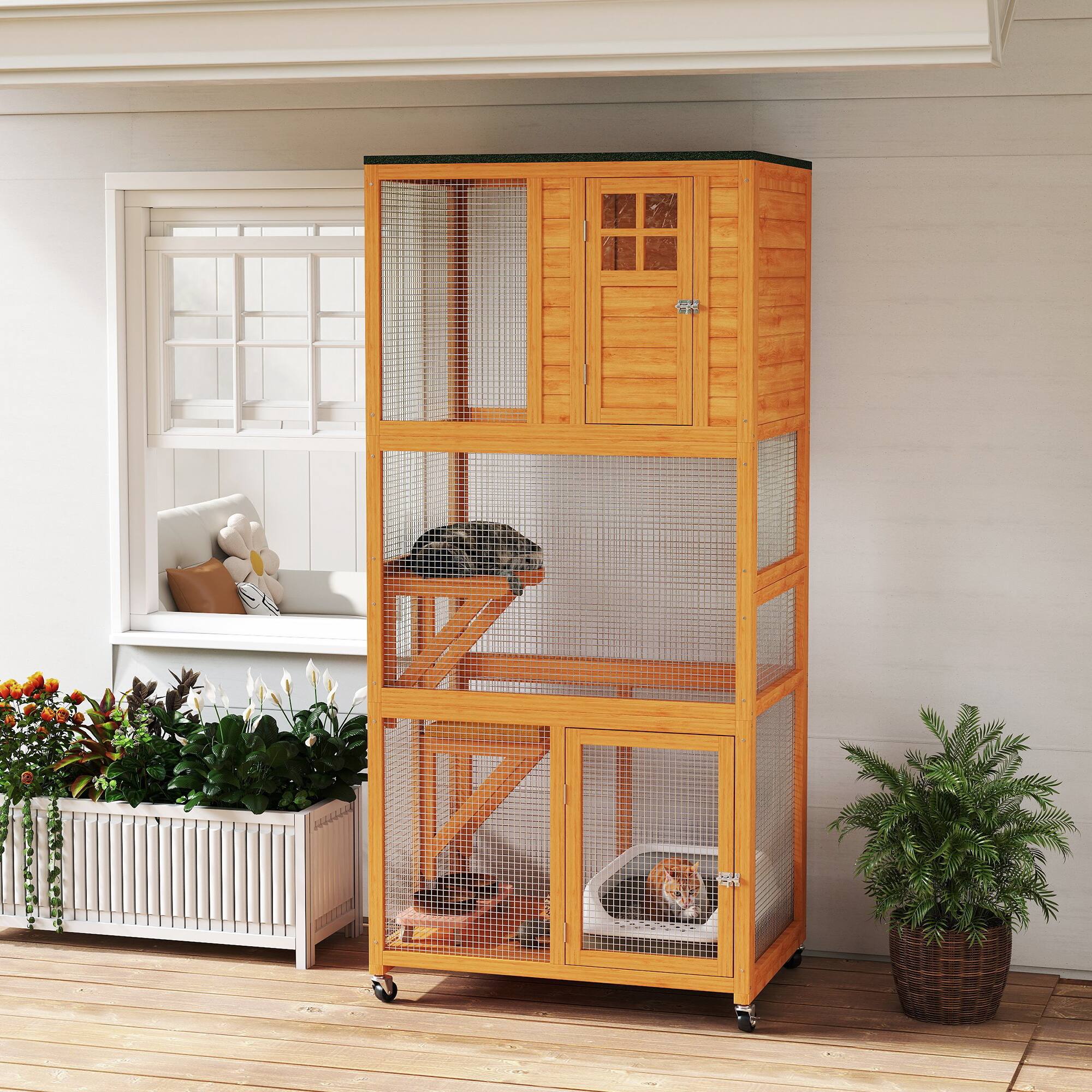 Alt View 1. Pawhut - Wooden Outdoor Cat House Catio Outdoor Cat Enclosure.