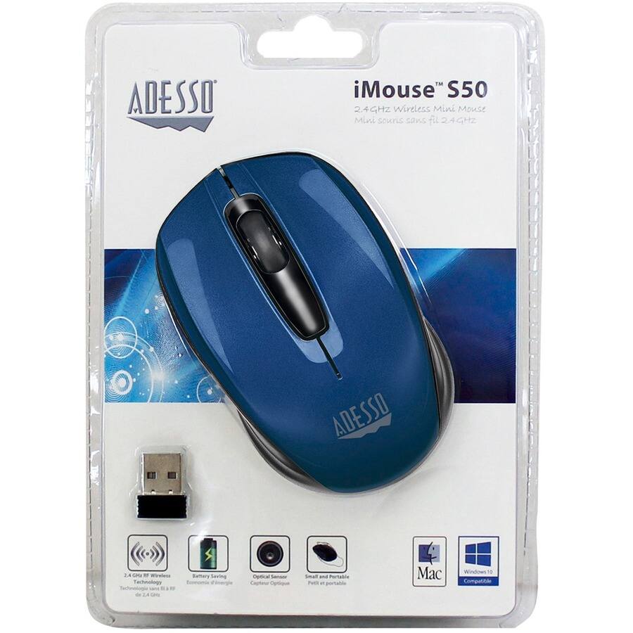 ADESSO iMouse S50  
2.4GHz Wireless Mini Mouse  
Mini souris sans fil 2.4GHz  

- 2.4GHz Wireless Technology  
- Battery Saving  
- Optical Sensor  
- Smart and Portable  

Compatible with:  
- Mac  
- Windows 10  

ADESSO