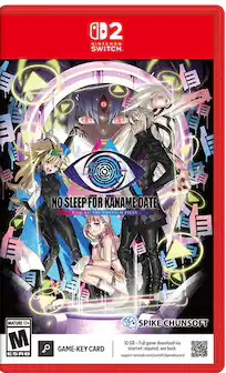 The text on the image reads: "2 NINTENDO SWITCH. NO SLEEP FOR KANAME DATE. From AI: THE SOMNIUM FILES. MATURE 17+. M ESRB. SPIKE CHUNSOFT. 10 GB-Full GB game download via GAME-KEY CARD. internet required. see back. support.nintendo.com/switch2/gomekeycard."