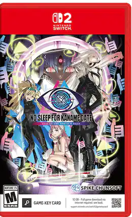 The text on the image reads: "2 NINTENDO SWITCH. NO SLEEP FOR KANAME DATE. From AI: THE SOMNIUM FILES. MATURE 17+. M ESRB. SPIKE CHUNSOFT. 10 GB-Full GB game download via GAME-KEY CARD. internet required. see back. support.nintendo.com/switch2/gomekeycard." - M (Mature 17+)