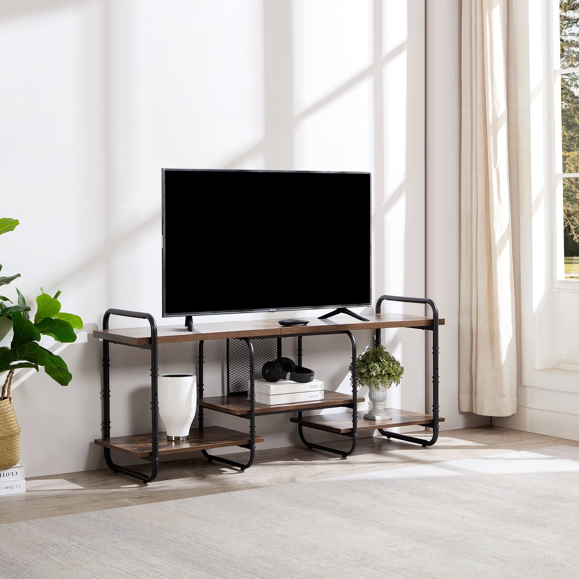 Back. Vecelo - 55" Industrial TV  Stand with Adjustable Shelves - Heavy Duty Metal Frame, 55lb Shelf Capacity,Brown - Brown.