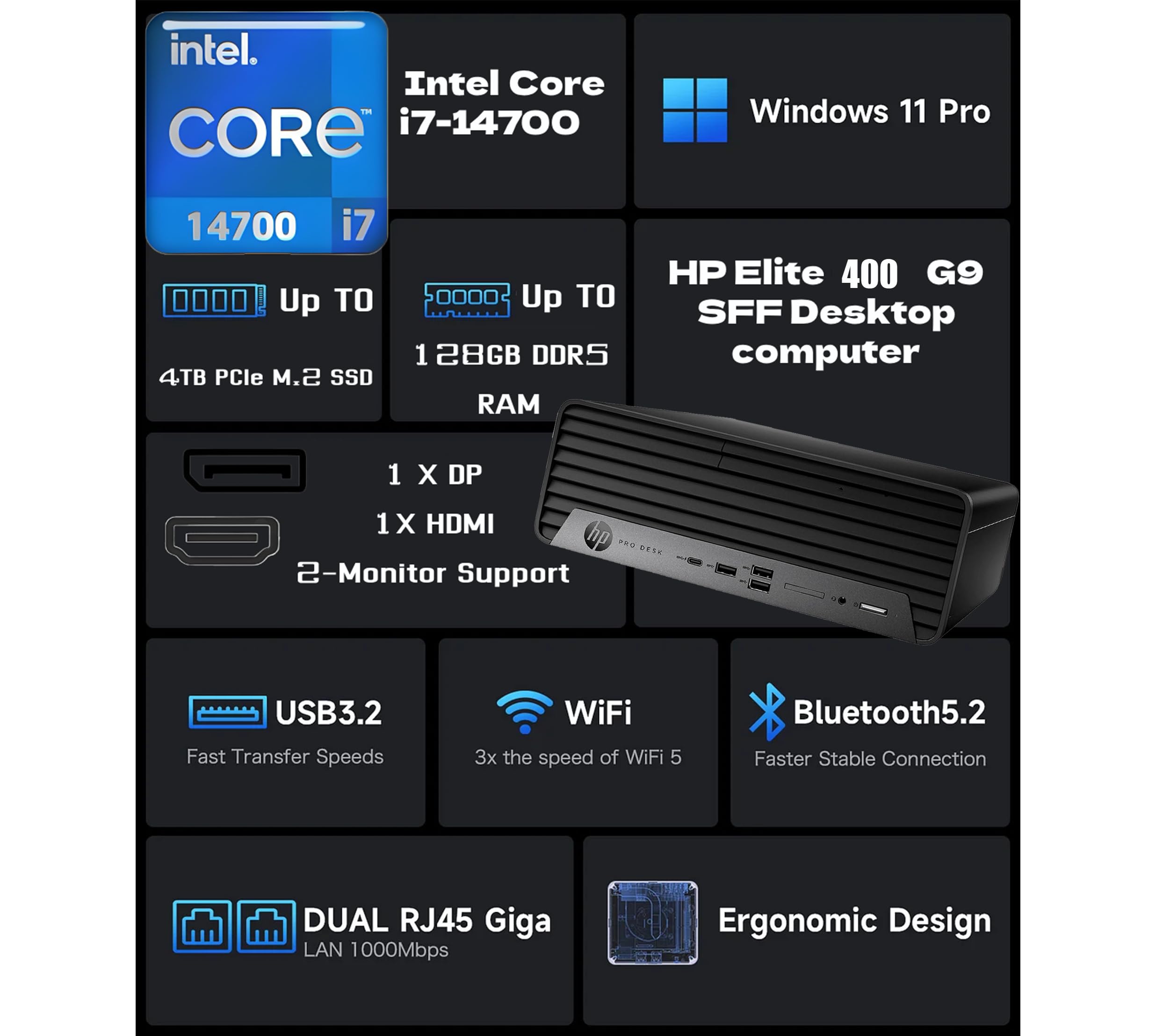 Intel Core i7-14700  
Windows 11 Pro  
HP Elite 400 G9 SFF Desktop Computer  

- Up to 4TB PCIe M.2 SSD  
- Up to 128GB DDR5 RAM  
- 1 x DP  
- 1 x HDMI  
- 2-Monitor Support  
- USB3.2 Fast Transfer Speeds  
- WiFi 3x the speed of WiFi 5  
- Bluetooth 5.2 Faster Stable Connection  
- DUAL RJ45 Giga LAN 1000Mbps  
- Ergonomic Design