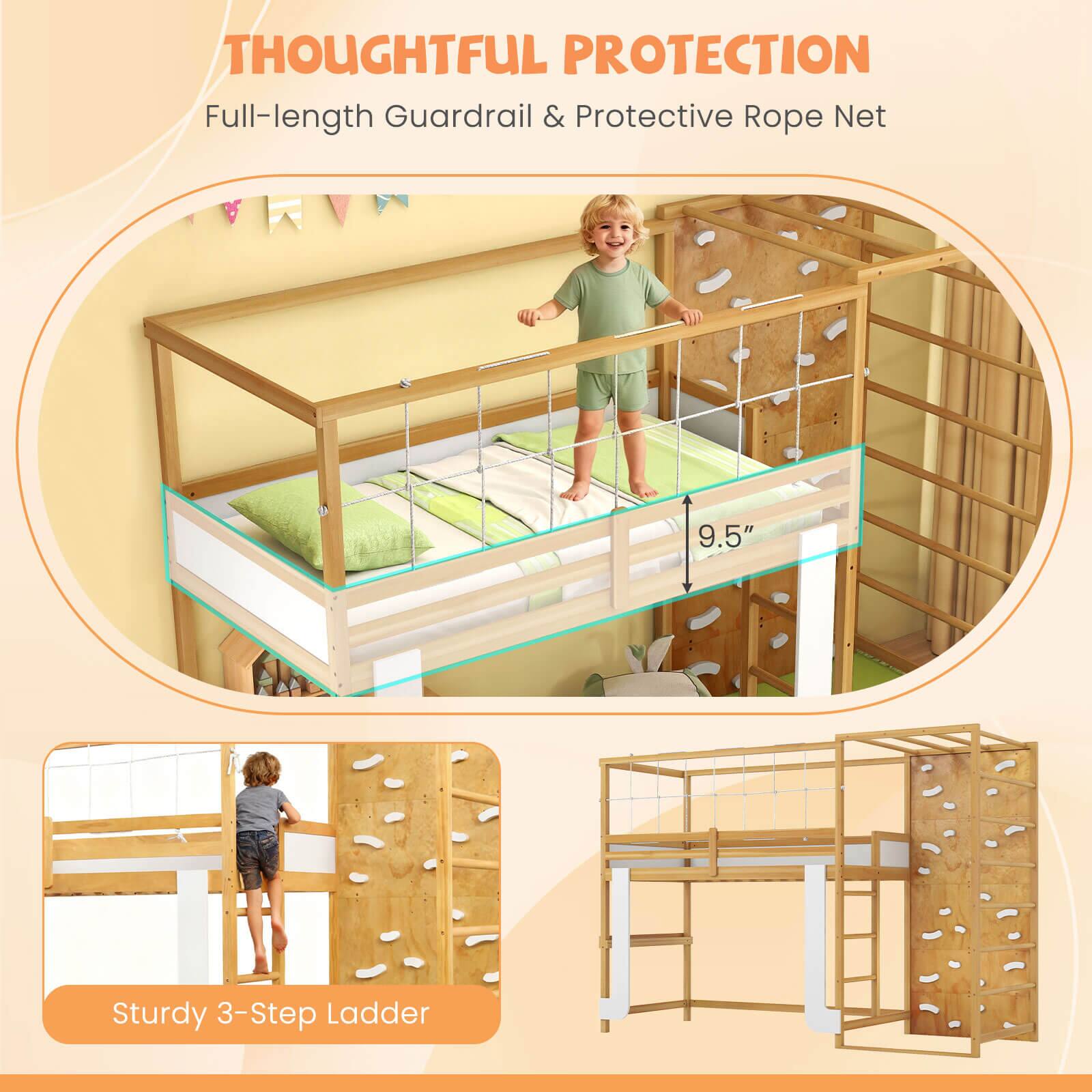 **THOUGHTFUL PROTECTION**  
Full-length Guardrail & Protective Rope Net  

**Sturdy 3-Step Ladder**