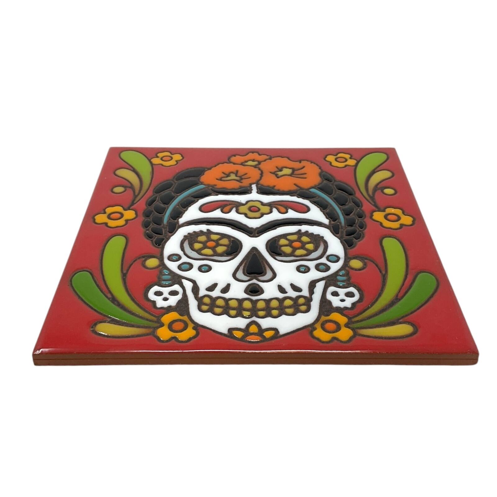 Angle. Earthtones Tile - Earthtones Day of The Dead Mexican Painter 6X6 Red Hand Glazed Decorative Tile - Multiclor.