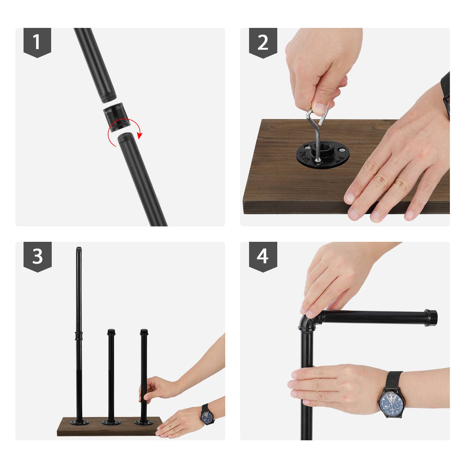 Alt View 3. Oumilen - Industrial Pipe Freestanding Toilet Paper Holder – Black Metal Stand with Burnt Wood Base.