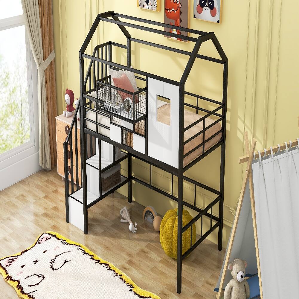 Loheer Metal Loft Bed with Roof Design Twin Size House Loft Bed with ...