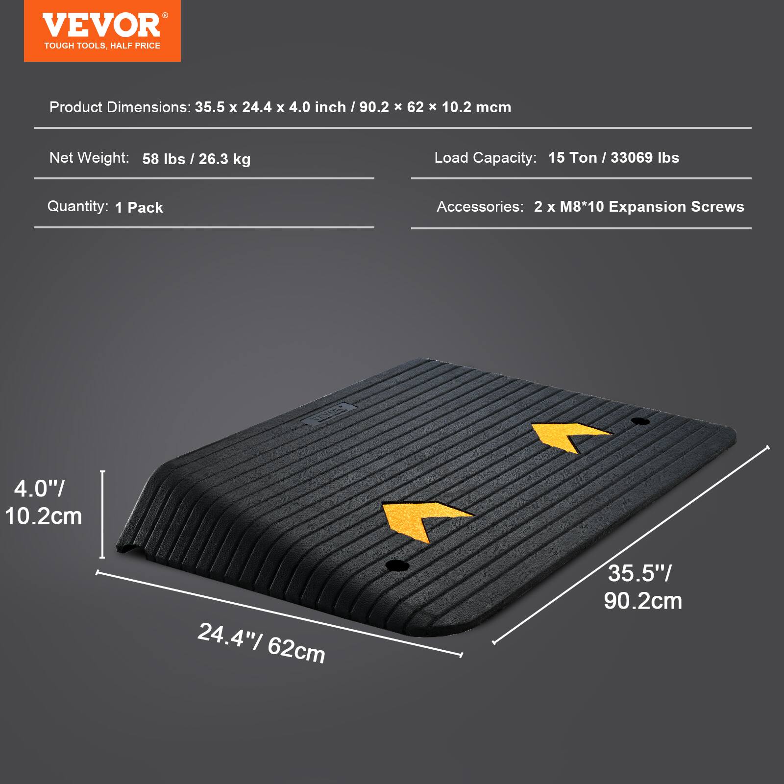 VEVOR TOUGH TOOLS, HALF PRICE

Product Dimensions: 35.5 x 24.4 x 4.0 inch / 90.2 x 62 x 10.2 cm

Net Weight: 58 lbs / 26.3 kg

Load Capacity: 15 Ton / 33069 lbs

Quantity: 1 Pack

Accessories: 2 x M8*10 Expansion Screws