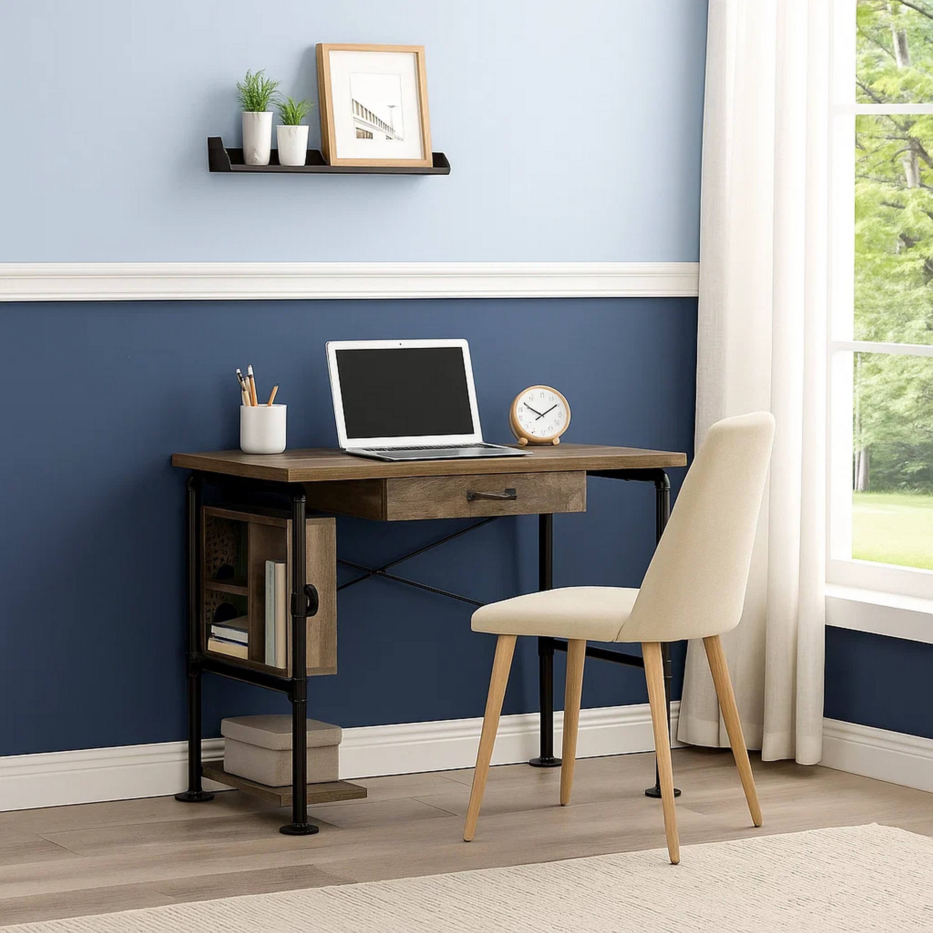 Alt View 3. Manhattan Lane - Writing Desk with Industrial Style and 3 Tier Sleek Side Shelves, Oak Brown - Brown.