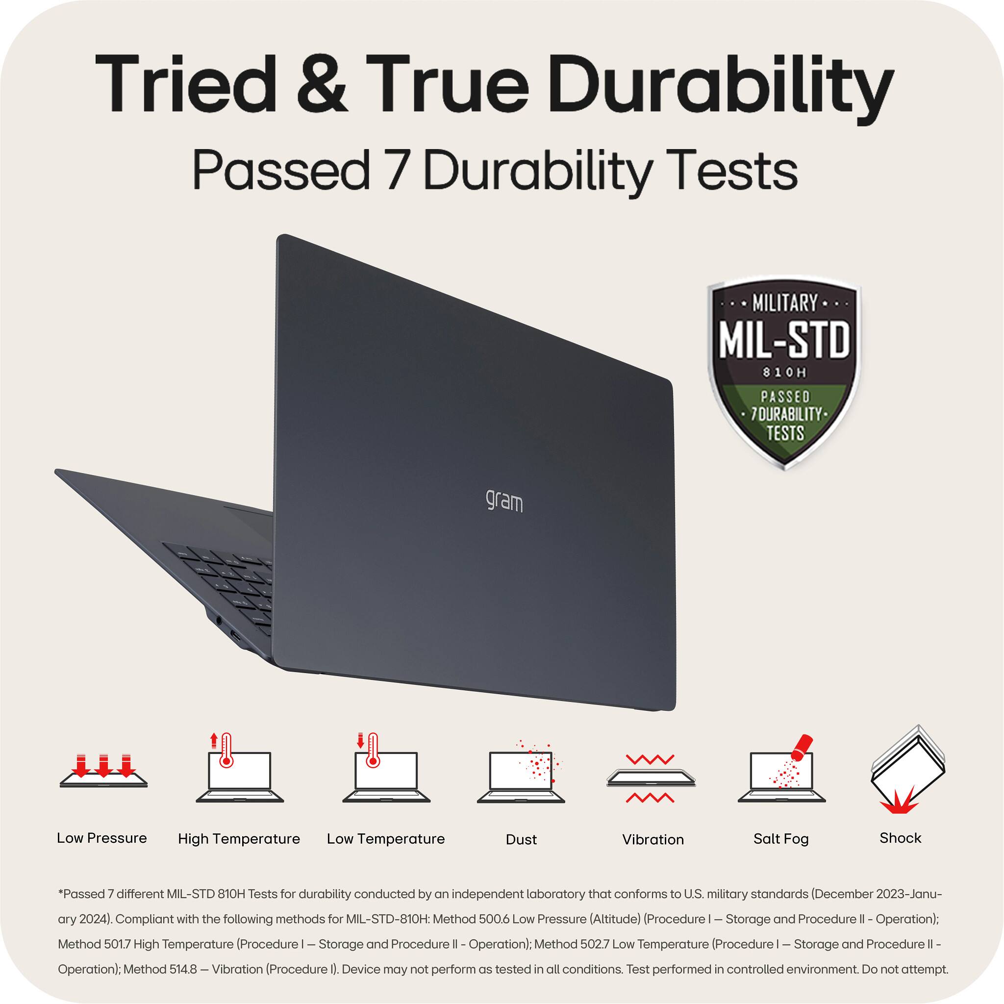 Tried & True Durability Passed 7 Durability Tests MILITARY MIL-STD 810H PASSED 7 DURABILITY- TESTS gram Low Pressure High Temperature Low Temperature Dust Vibration Salt Fog Shock *Passed 7 different MIL-STD 810H Tests for durability conducted by an independent laboratory that conforms to U.S. military standards (December 2023-January 2024) Compliant with the following methods for MIL-STD-810H: Method 5006 Low Pressure (Altitude) (Procedure Storage and Procedure I  Operation): Method 5017 High Temperature (Procedurel Storage and Procedure Operation): Method 502.7 Low Temperature (ProcedureI Storage and Procedure 1 Operation): Method 514.8 Vibration (Procedure 0. Device may not perform CIS tested in all conditions. Test performed in controlled environment Do not attempt.